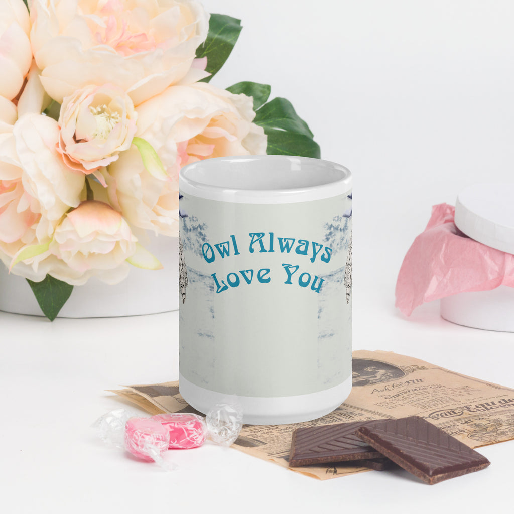 Enchanting Premium white ceramic mug features a beautiful woman with a majestic snowy owl in a magical winter wonderland. With the heartwarming message "Owl Always Love You," this design celebrates love, nature, and the magic of winter - 15 - oz front view