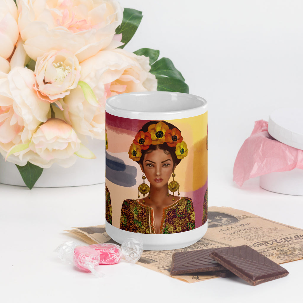 Premium white ceramic -Frida Kahlo Inspired Floral Crown Mug - Artistic Ceramic Coffee Mug- white-15-oz-front