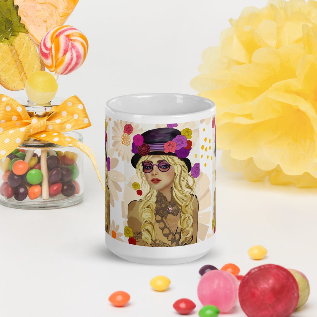 Premium White Ceramic -Bohemian Chic Flower Hat Mug - Stylish Woman White Ceramic Mug-15-oz-front