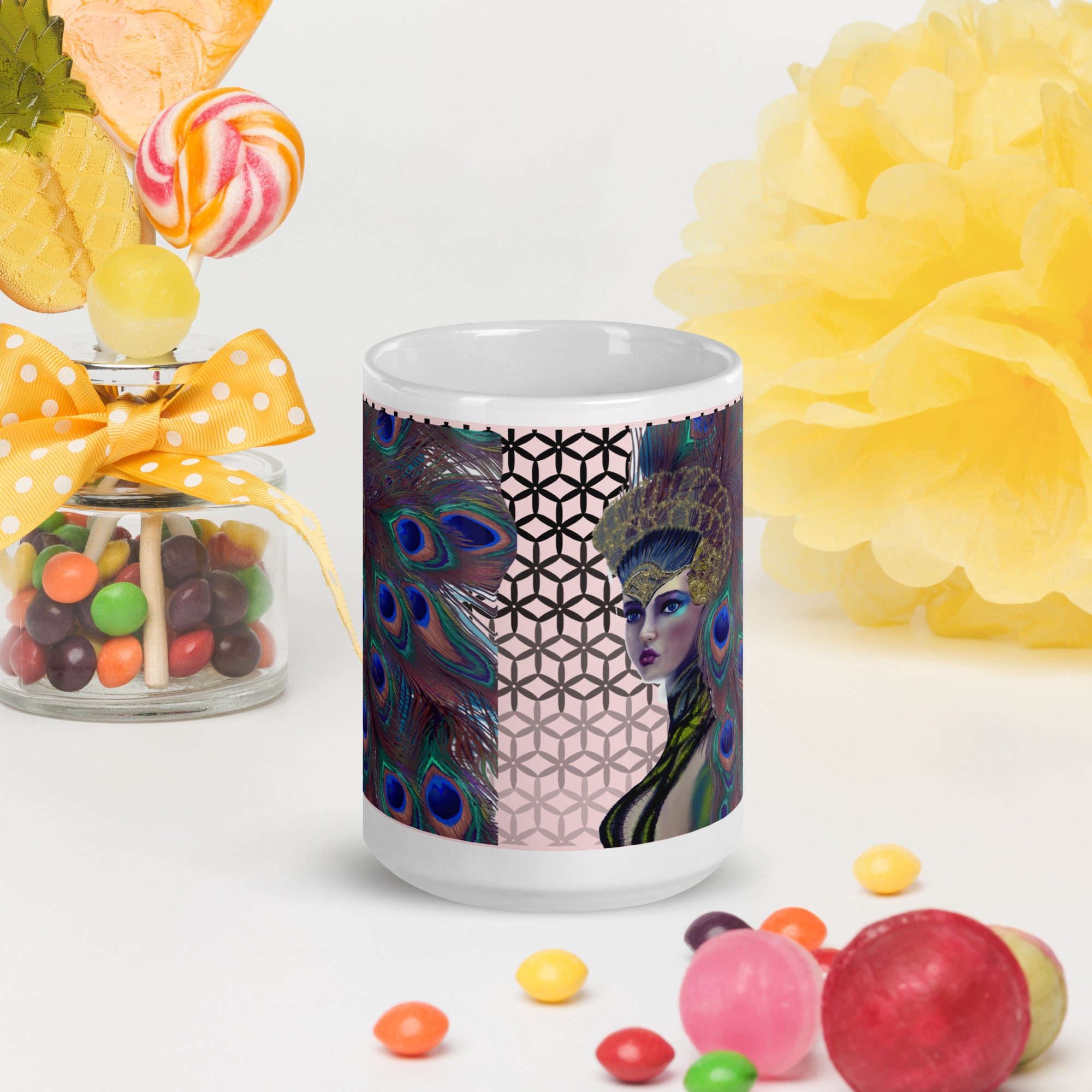 Premium White Ceramic - Peacock Queen Ceramic Mug - Majestic Peacock Design -15-oz front