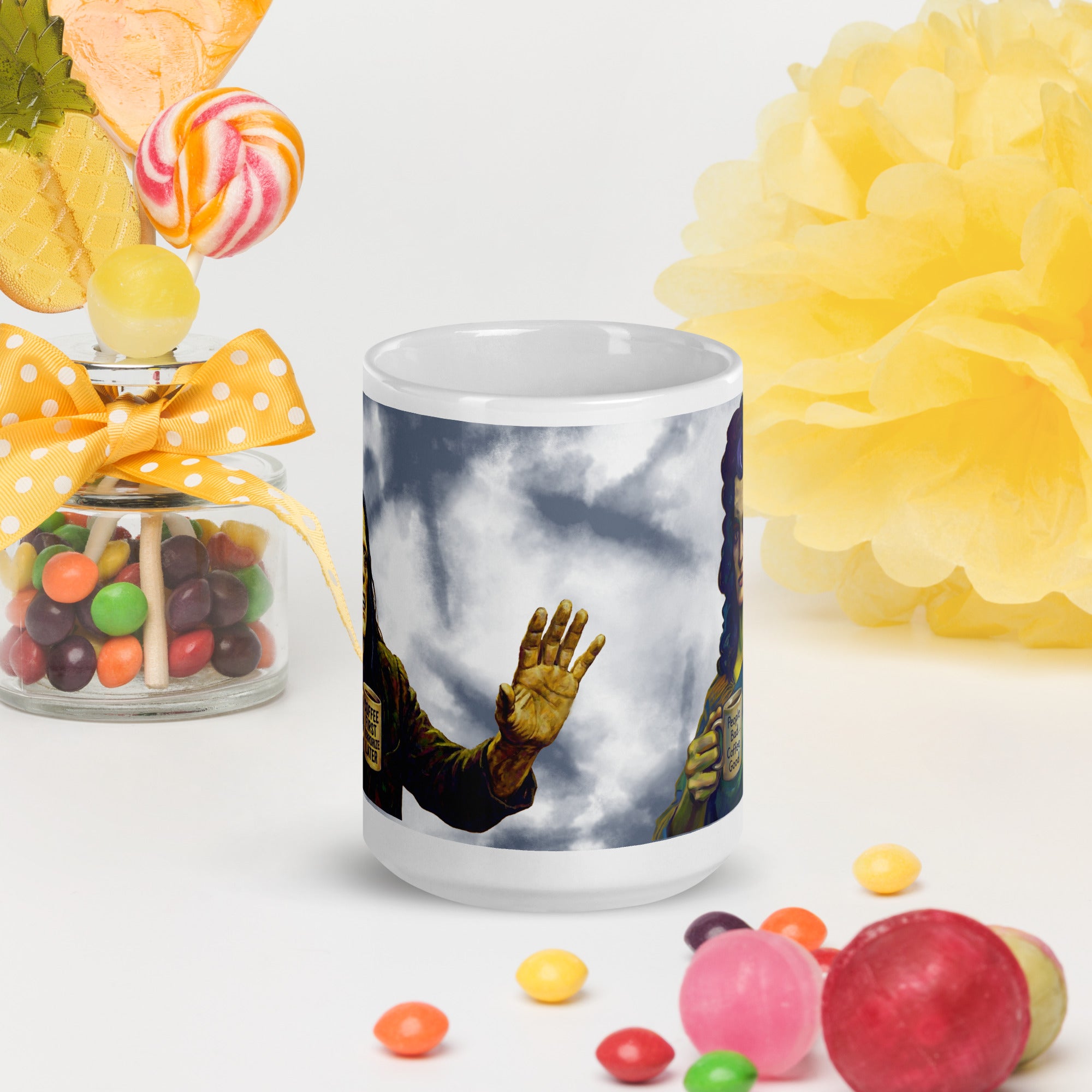 Premium white ceramic -Frankenstein & Bride Coffee Mug - Made for Each Other, Mostly for Coffee - shows Frankenstein's monster fearful holding a mug that has " Coffee First...Terrorize Later" 15 oz front view
