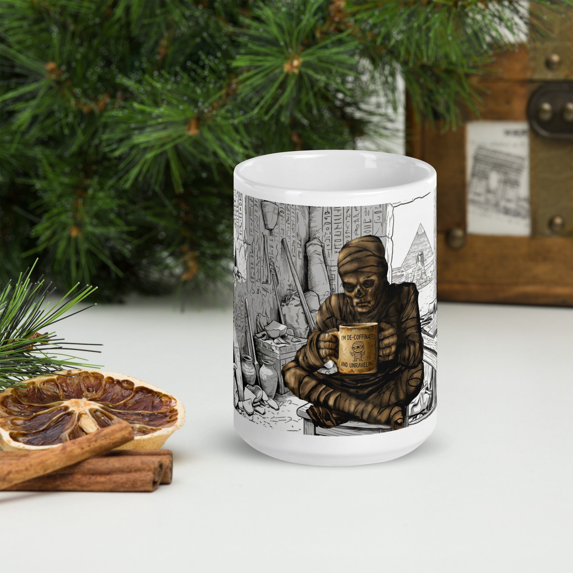  Premium white ceramic coffee mug -Surrounded by hieroglyphic-covered walls, ancient pottery, scrolls, and artifacts  15 oz - front view