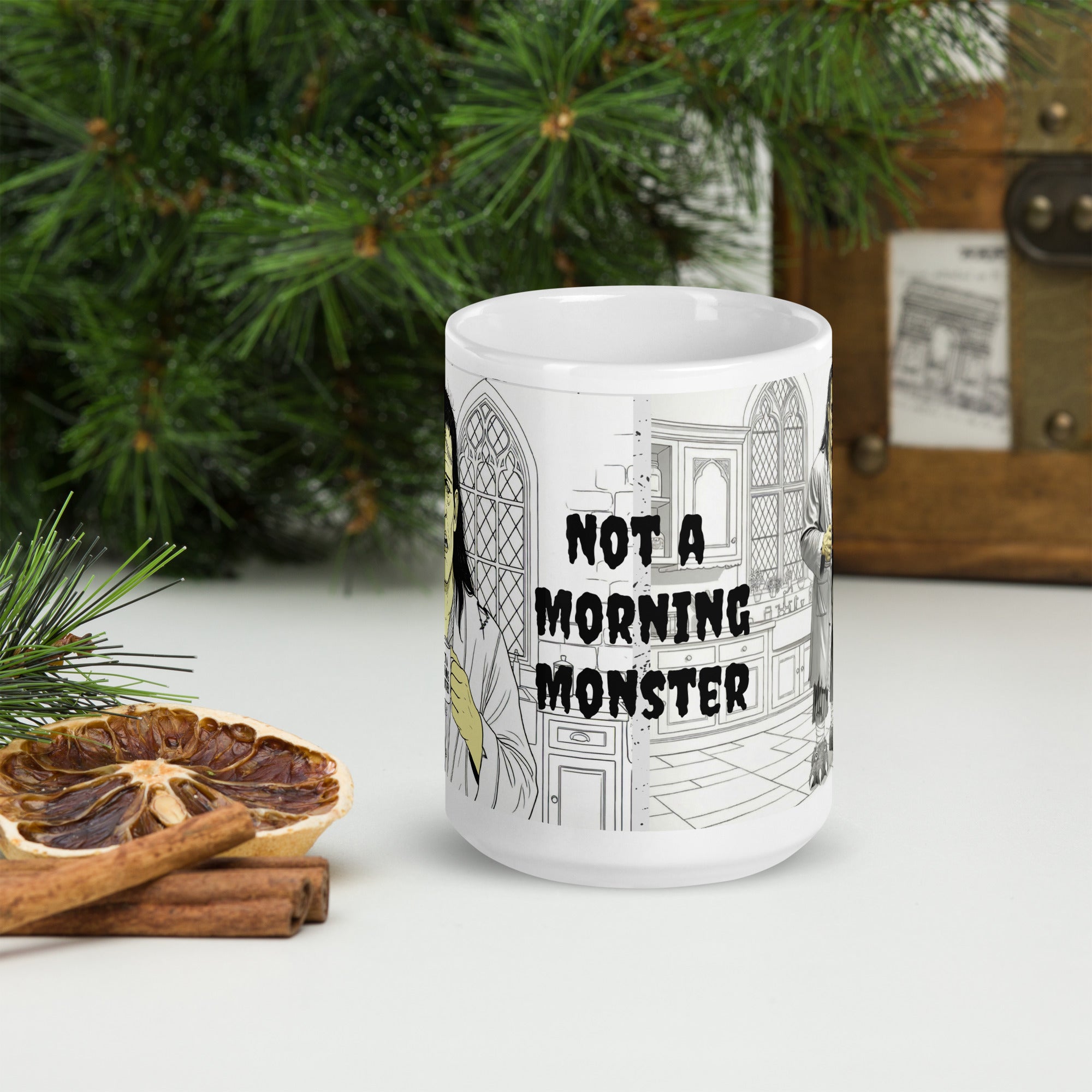  Not a Morning Monster Mug - Brew-kenstein Coffee Gothic | Brew Crew — "I'm Not a Morning Monster" text. 15oz - front

