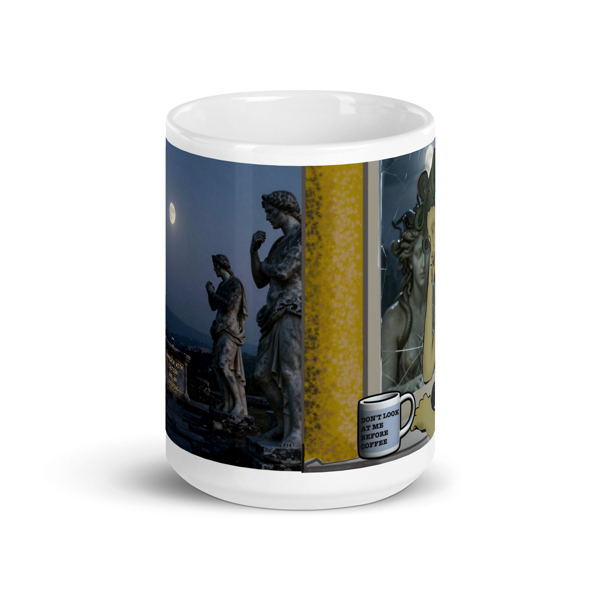 Medusa mug side view showing the full 360° wrap artwork transitioning from the moonlit statue scene to Medusa's vanity — glossy white ceramic mug, 15oz and 20oz available
