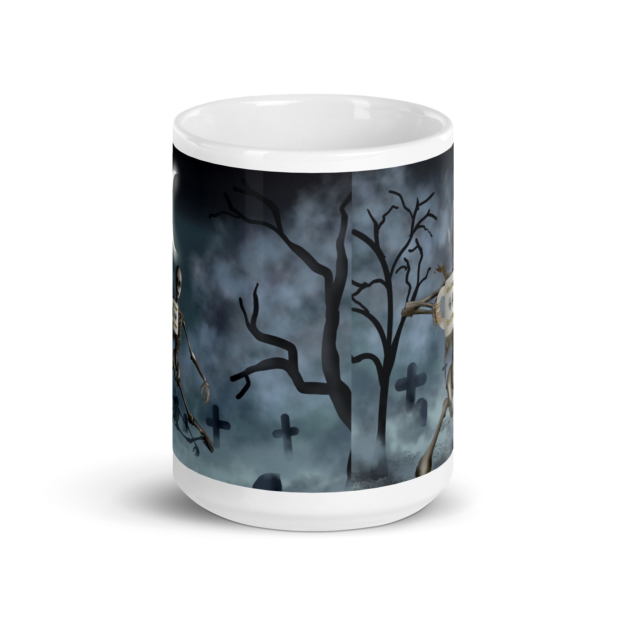 Premium white glossy ceramic mug -  Alive Enough for  Coffee - dancing skeleton holding coffee mug - bare twisted tree scene 15 oz front view