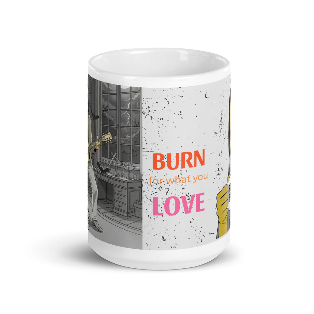 Brew-kenstein Coffee Monster | Burn for What You Love …Premium ceramic mug-Eerie sky with full moon - words "BURN for what you LOVE" written on front- 15 oz front view