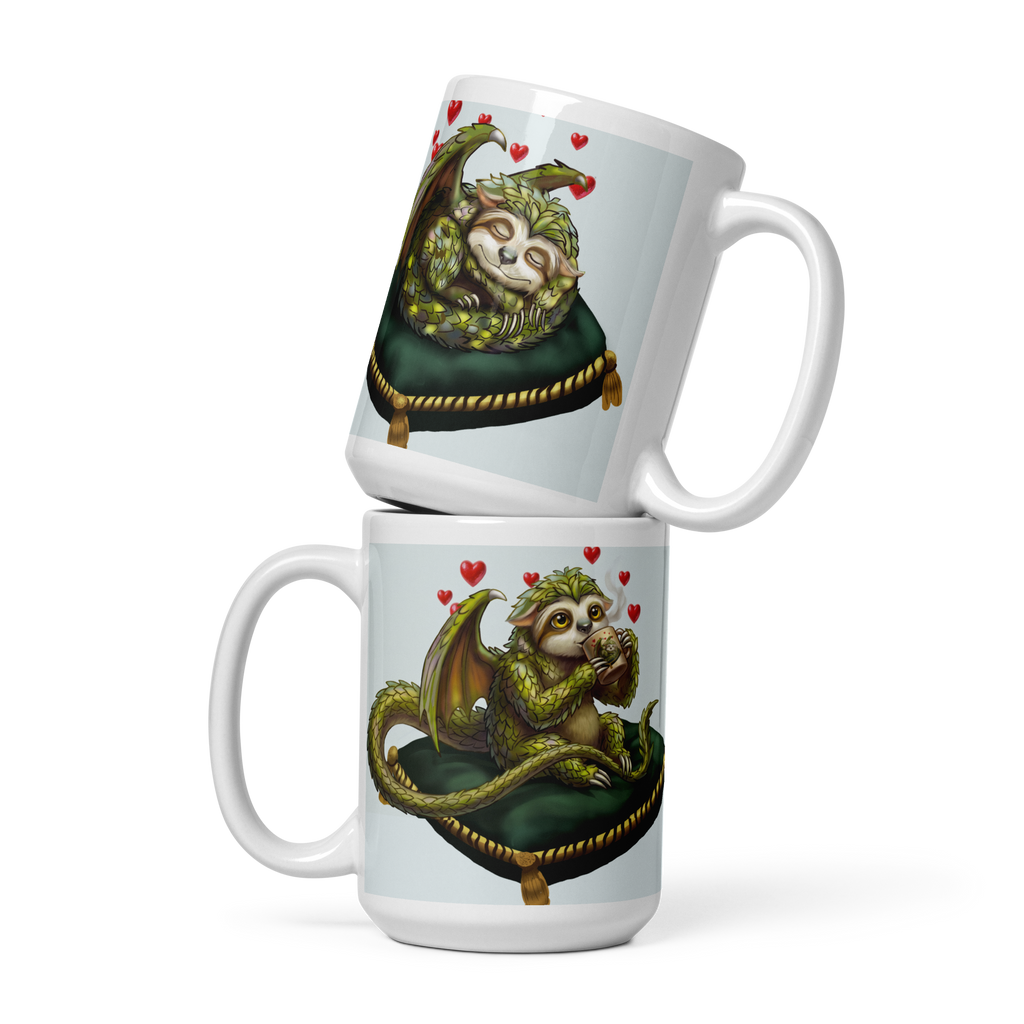 Sleepy Sloth Dragon mug right and left views — sleeping dragon curled on velvet pillow and awake dragon sipping coffee- 15oz ceramic