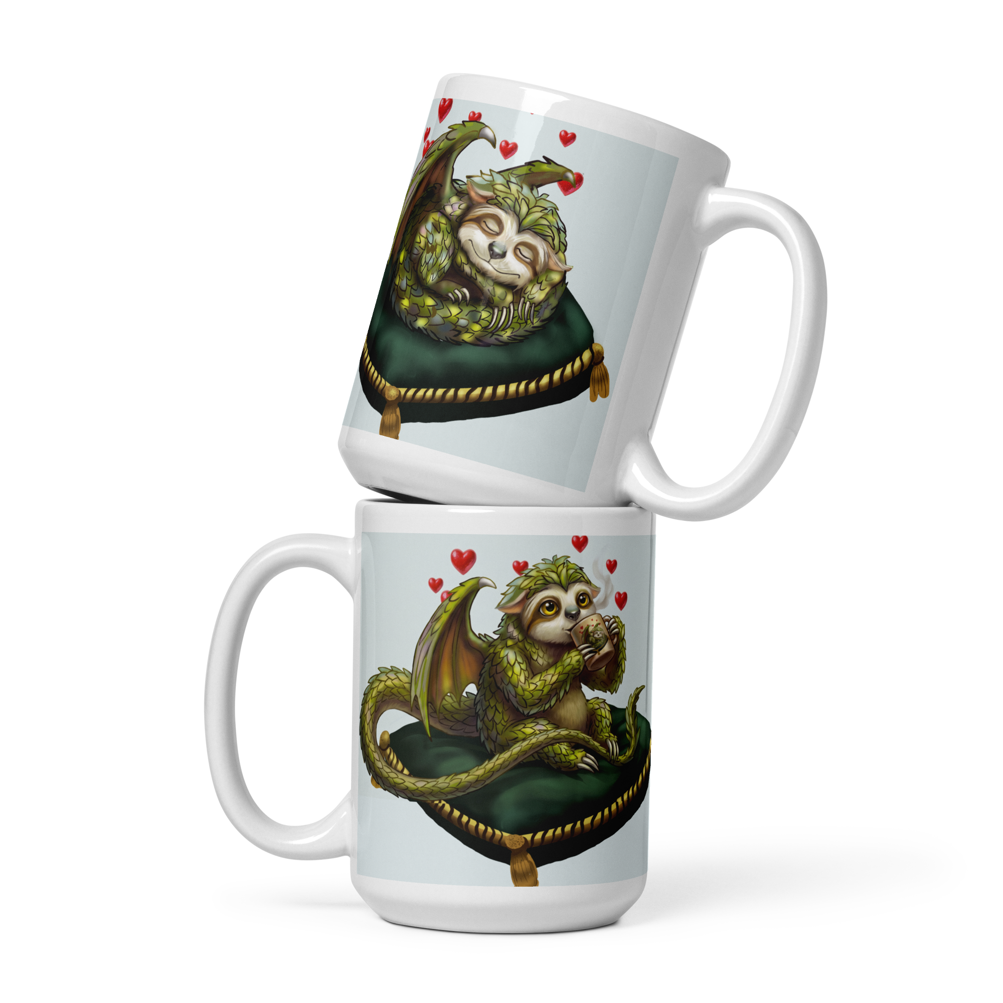 Sleepy Sloth Dragon mug right and left views — sleeping dragon curled on velvet pillow and awake dragon sipping coffee- 15oz ceramic