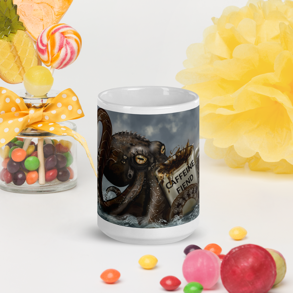 Cup with octopus design and 'Caffeine Fiend' text, surrounded by colorful candies and flowers. 15 oz front view
