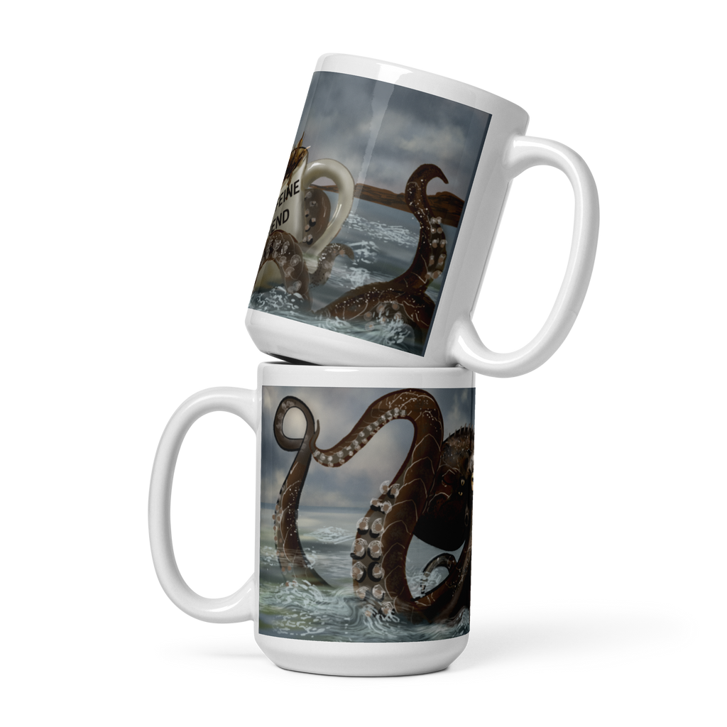 Two stacked mugs with an octopus design on a white background - 15 oz  left and right views