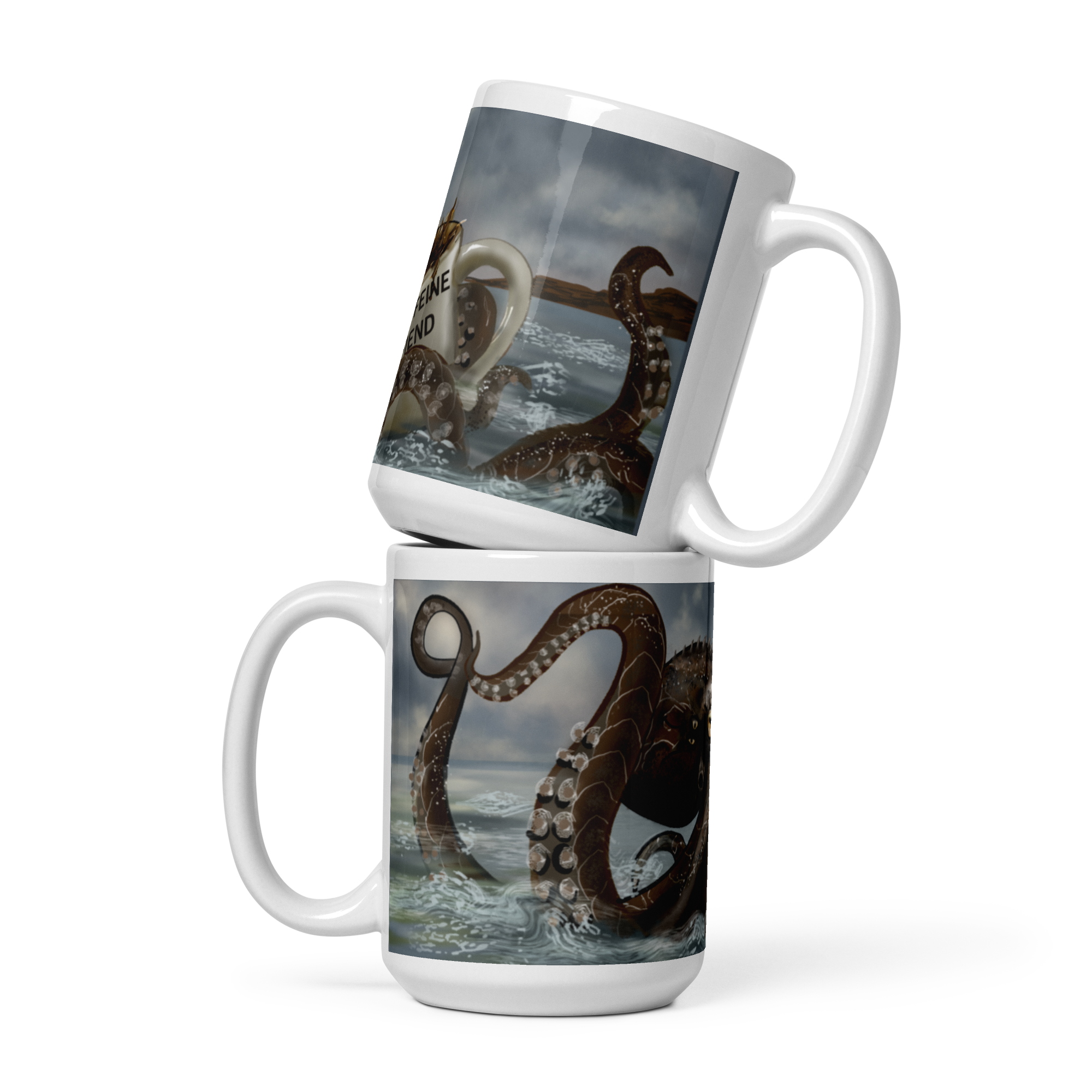 Two stacked mugs with an octopus design on a white background - 15 oz  left and right views