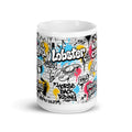 Personalized graffiti art coffee mug 15oz — custom design example with sushi, lobster and king crab