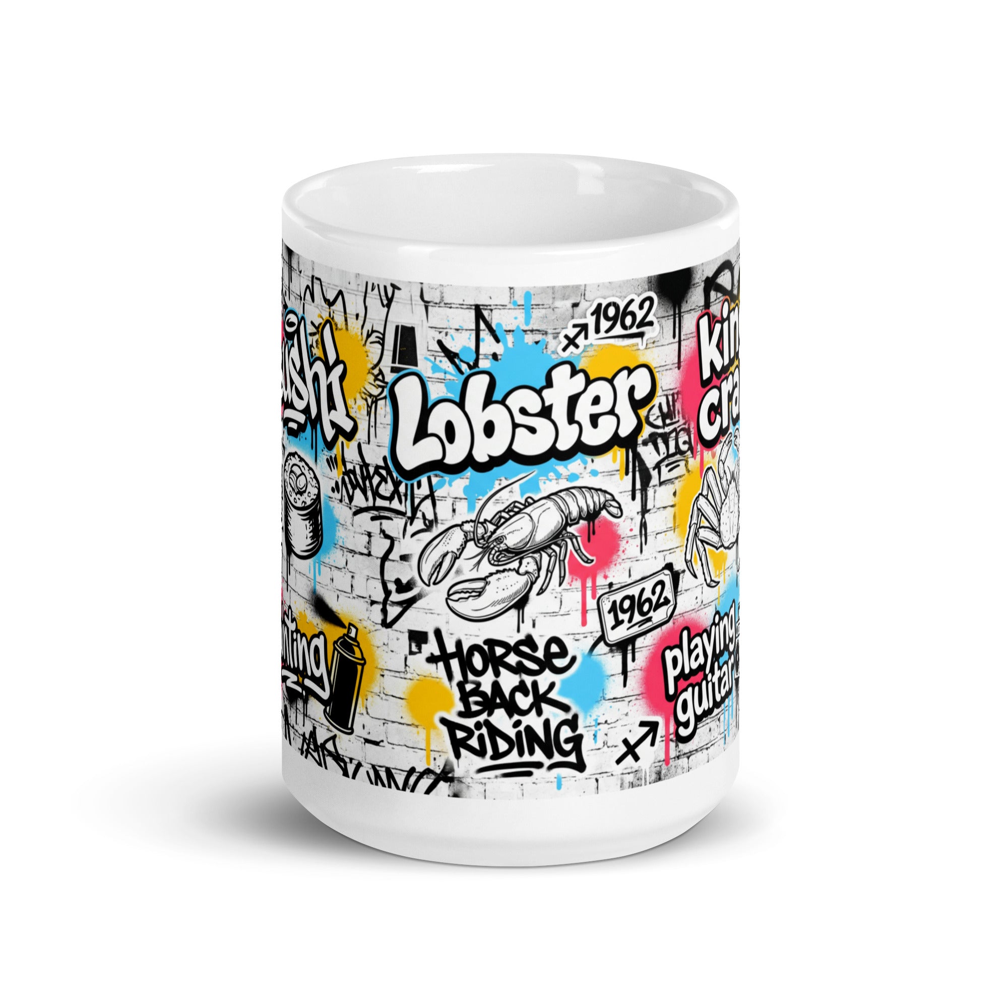 Personalized graffiti art coffee mug 15oz — custom design example with sushi, lobster and king crab