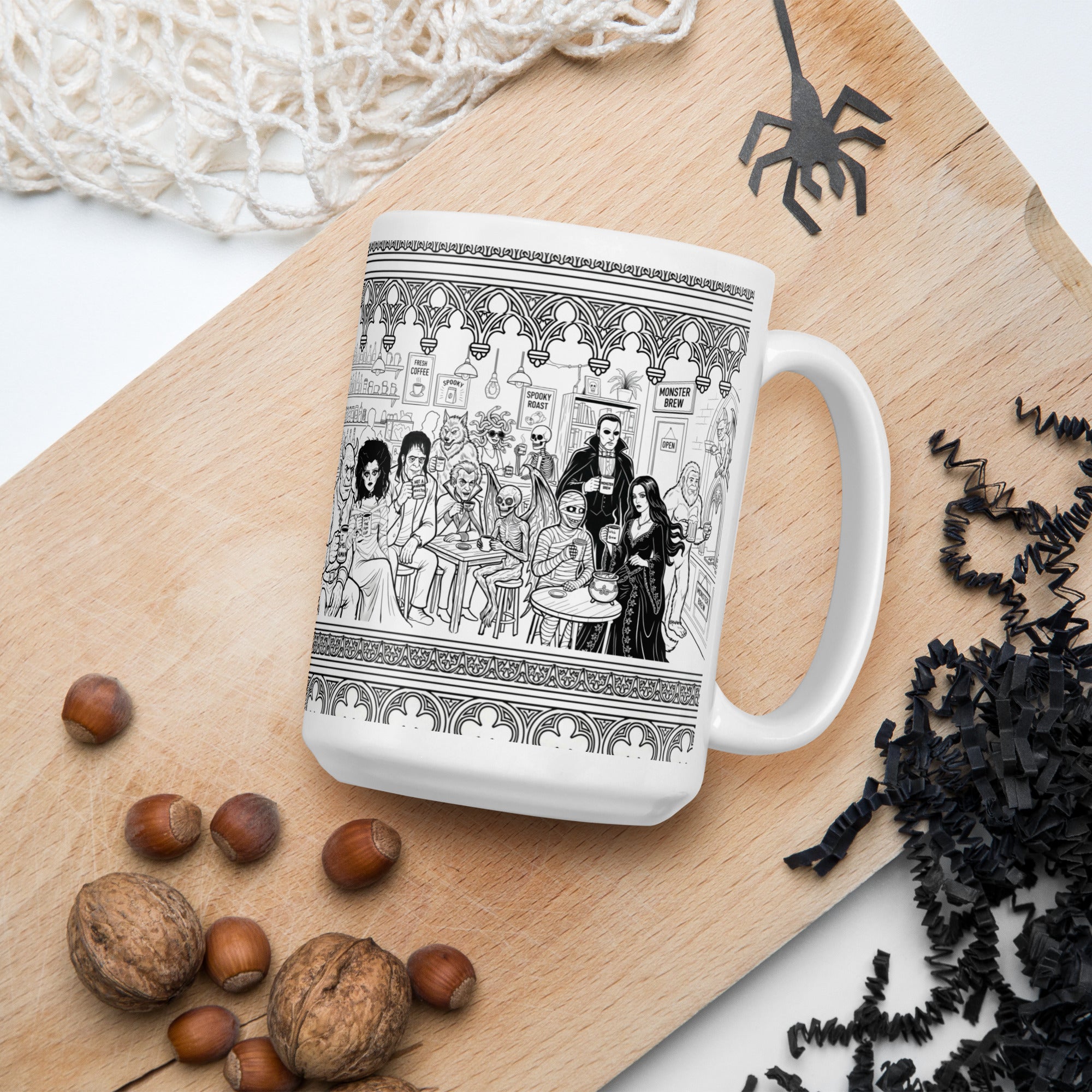Premium glossy white ceramic - At the Monster Café - 13 monsters having coffee and mingling - 15 oz right view