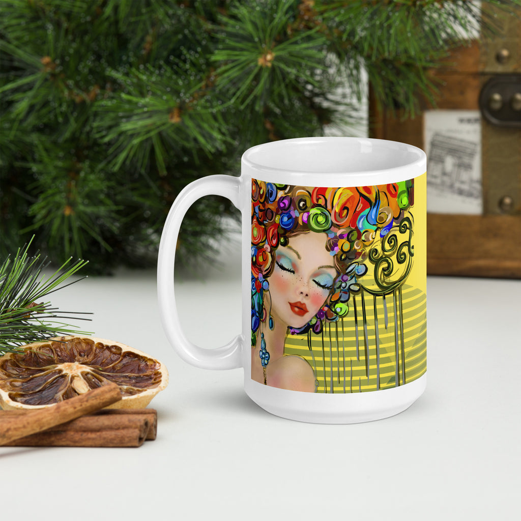 Art Deco Rainbow Swirl Woman Mug - Klimt Inspired White Ceramic Mug-15-oz-left