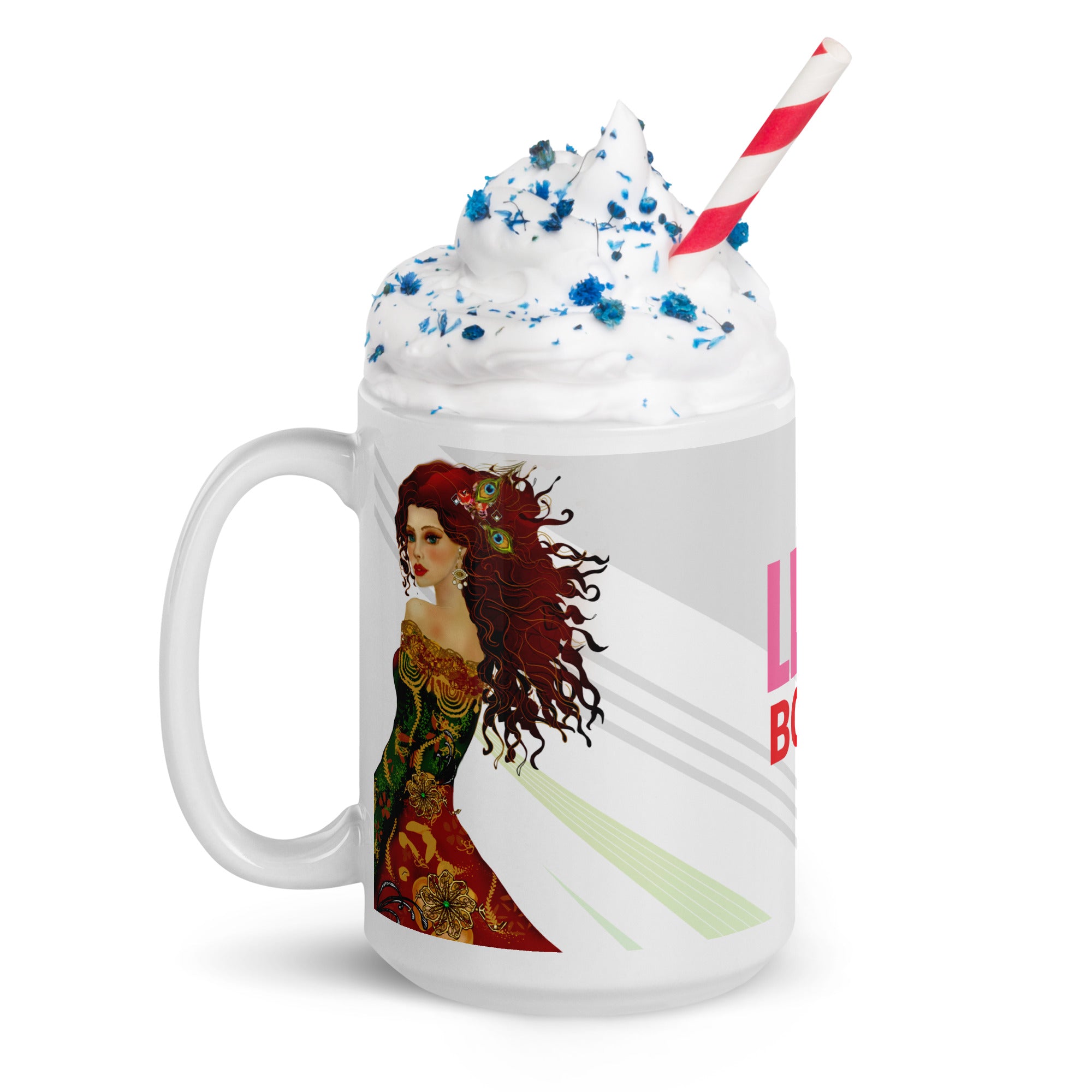 Bohemian Peacock Woman Mug - Live Bold White Ceramic Coffee Mug-15-oz-left
