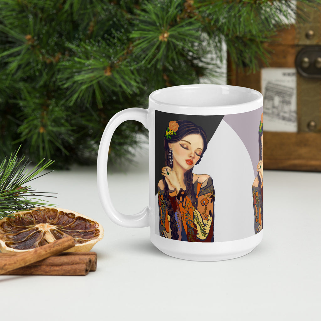 Vintage Pin-Up Woman Mug - Colorful Patterned Blouse White Ceramic Mug-15-oz-left