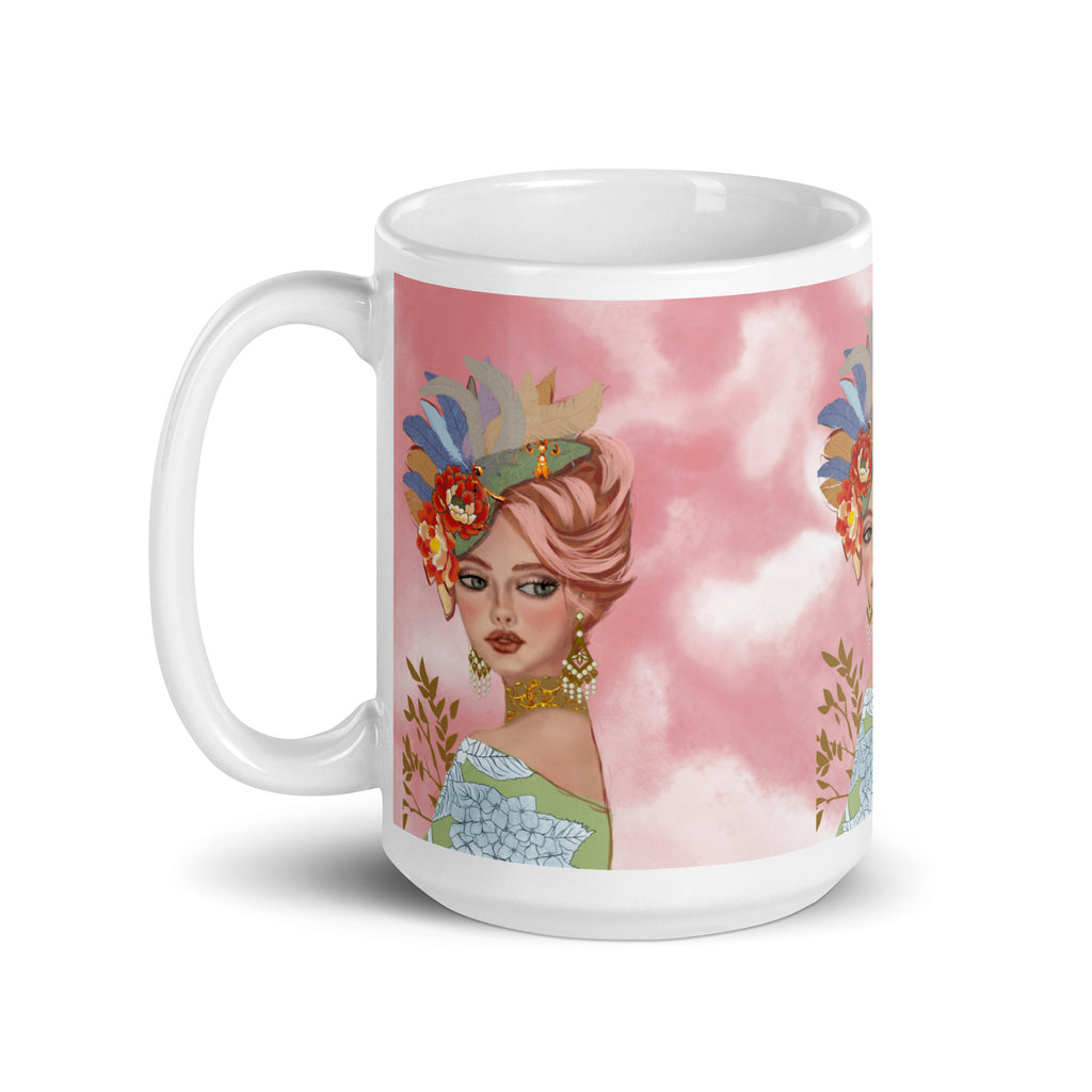 Tropical Glamour Flower Woman Mug - Elegant Pink Hair White Ceramic Mug-15-oz-left