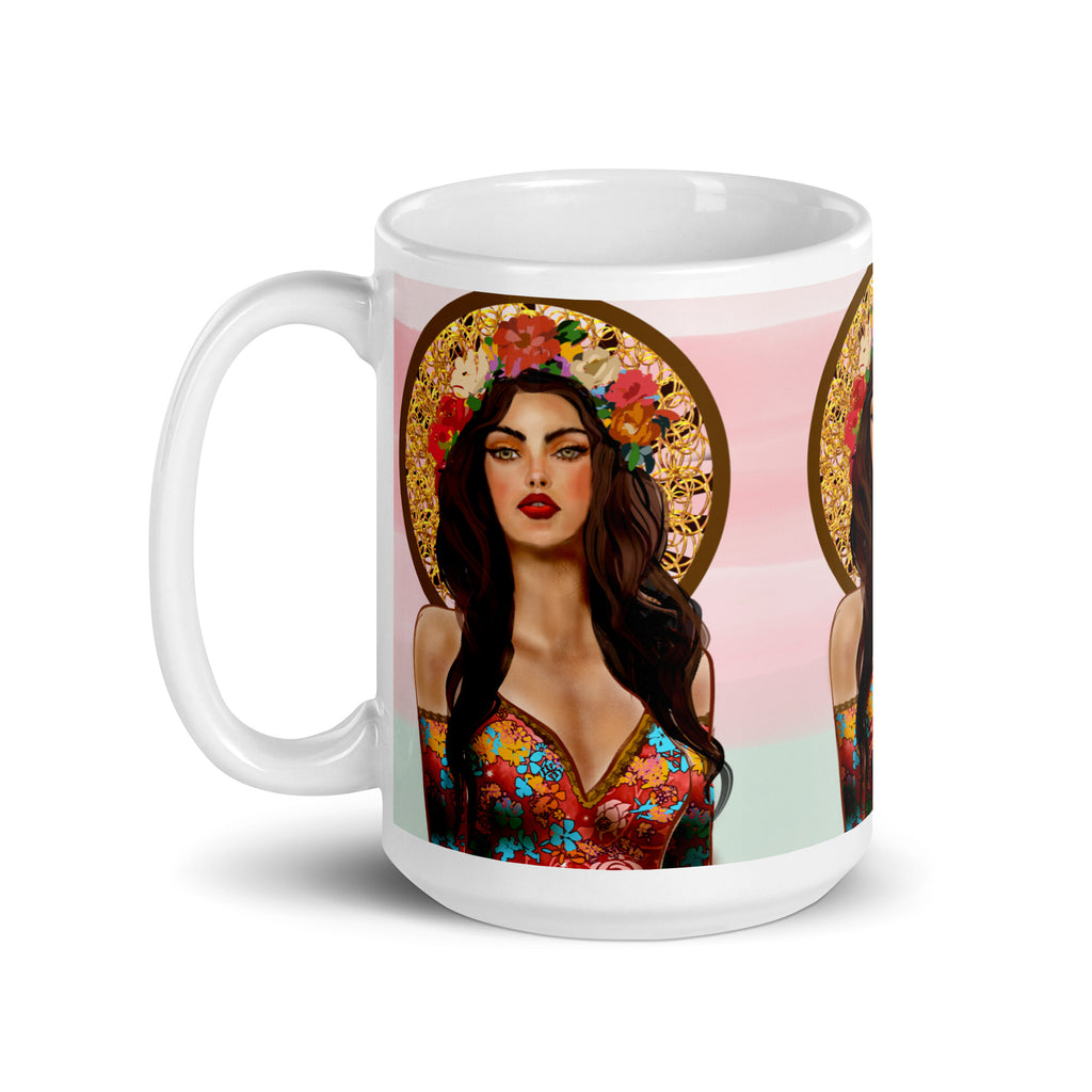 Sacred Flower Halo Woman Mug - Religious Icon Art White Ceramic Mug-15-oz-left