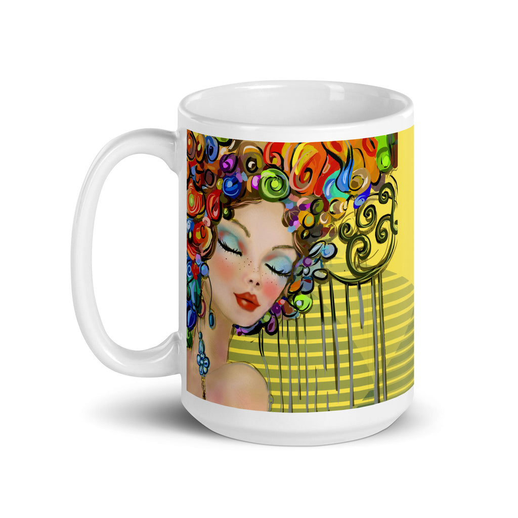 Art Deco Rainbow Swirl Woman Mug - Klimt Inspired White Ceramic Mug-15-oz-left