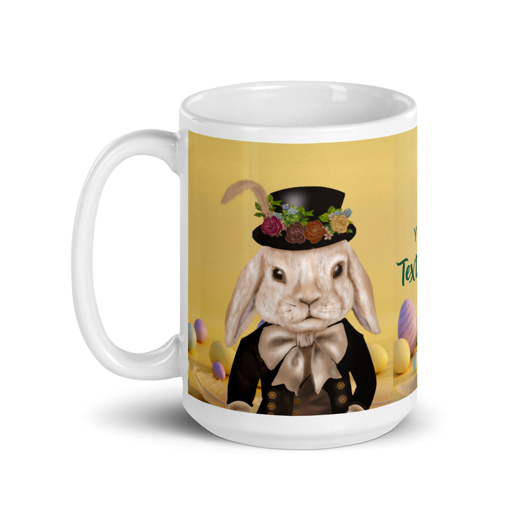 Personalized Dapper Bunny Easter Mug with custom text option on sunny yellow background with Easter eggs - 15 oz ceramic mug - left view