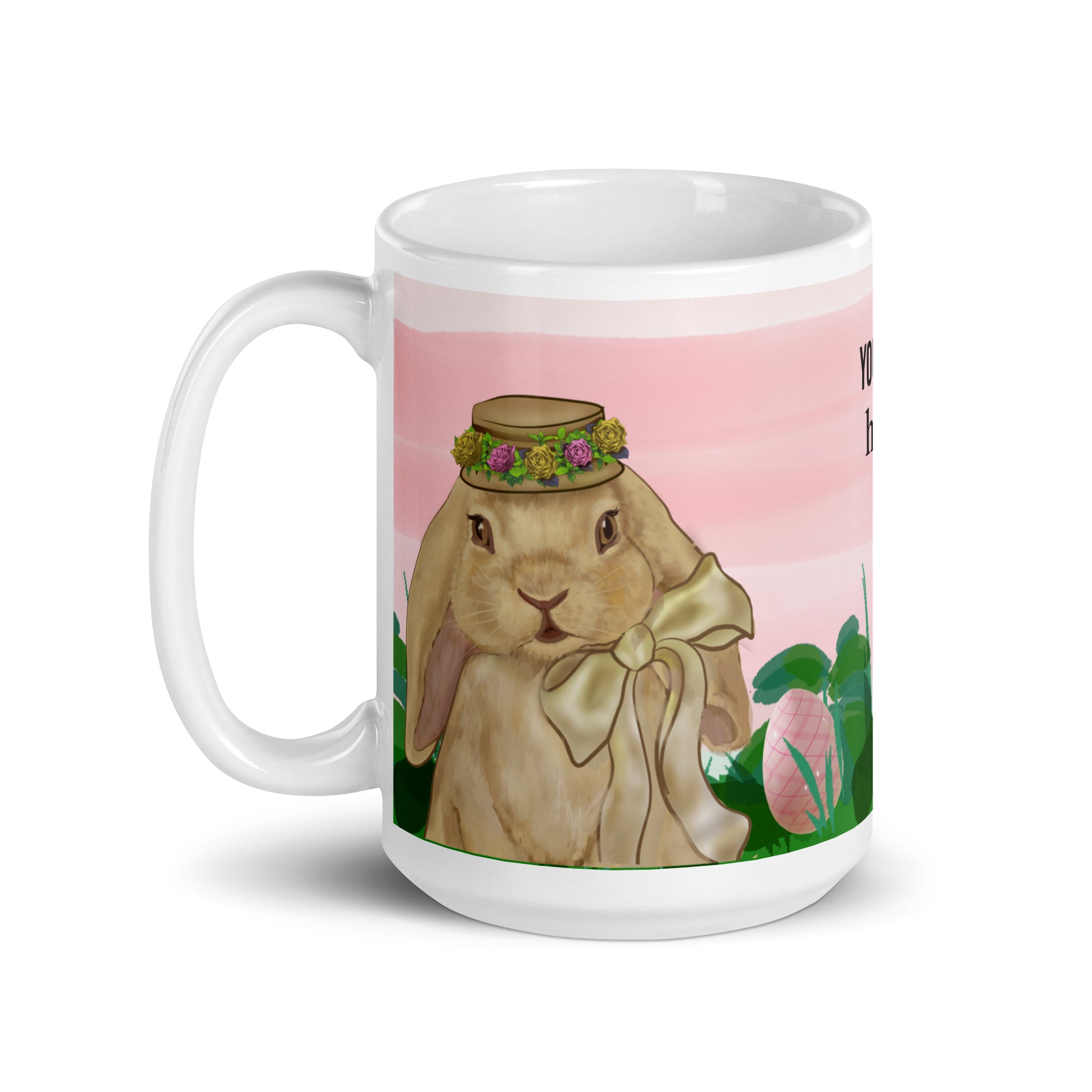 Spring Bunny Lady Mug Easter Coffee Mug with charming spring bunny adorned with a delicate flower crown hat in field of grass, pink sky and Easter eggs. Customize with text in all sizes - 15 oz - left view
