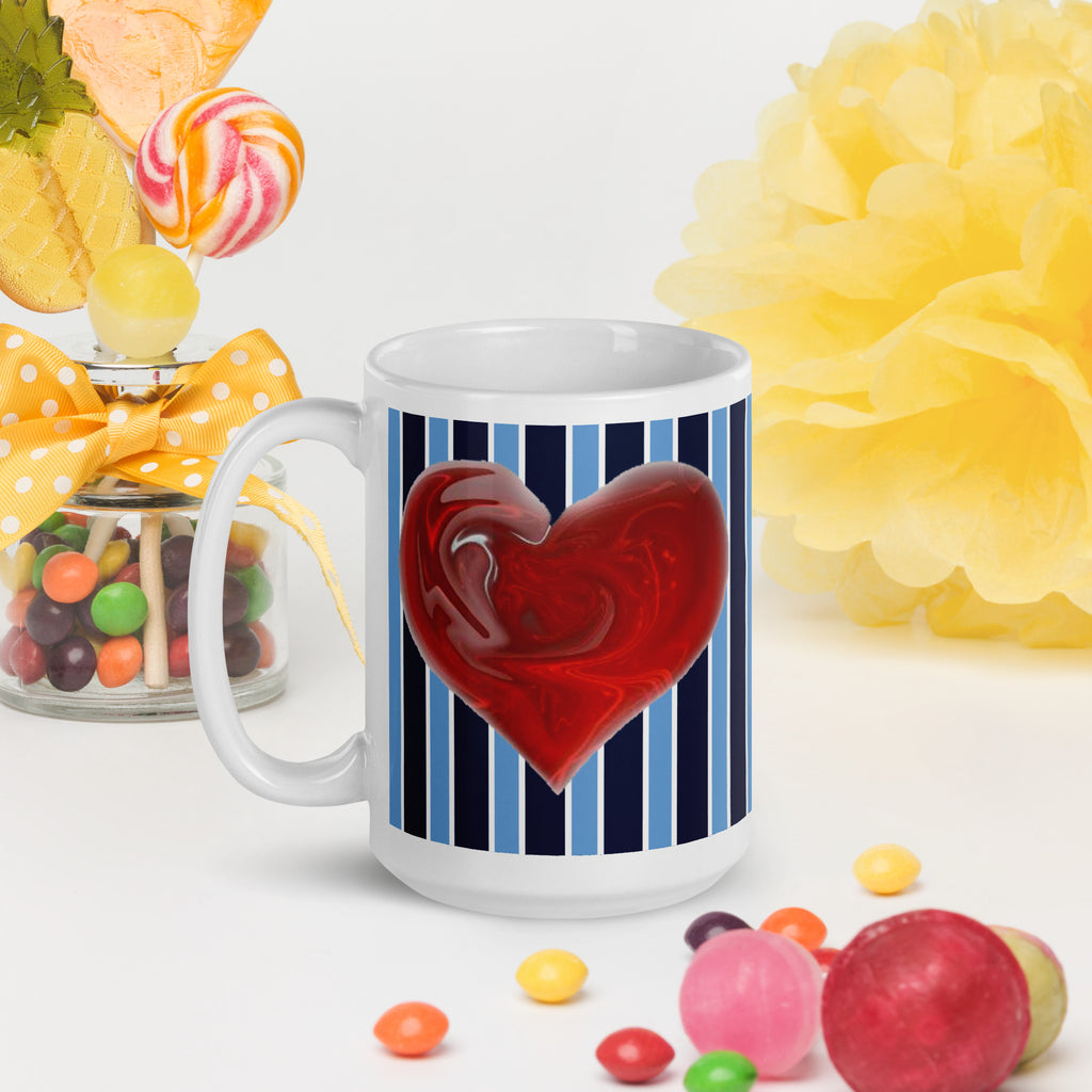 Bear Hug Valentine's Day Mug - Romantic Winter Love Heart Gift- Premium white ceramic mug-Light and Dark blue stripe pattern with red swirled heart in center -15 oz right view