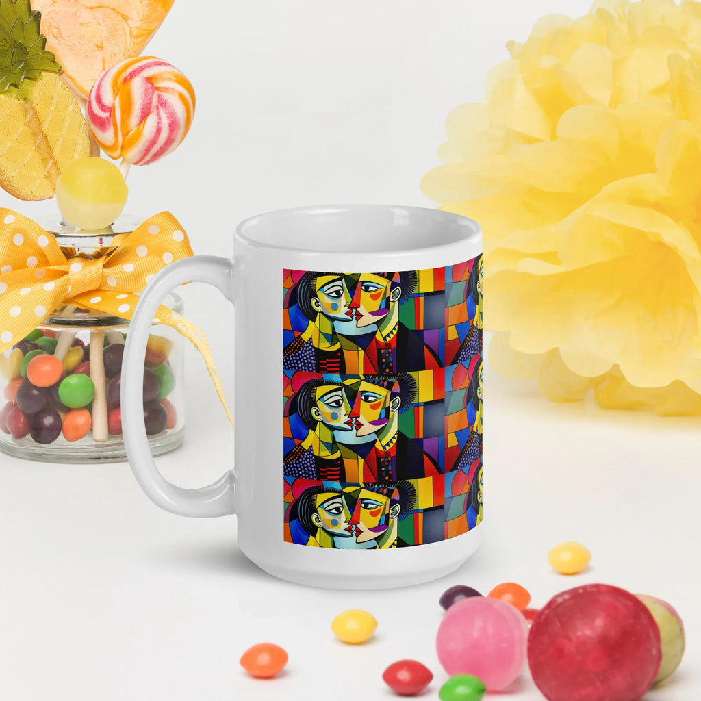 White ceramic mug with abstract colorful faces design, surrounded by candy and decorations