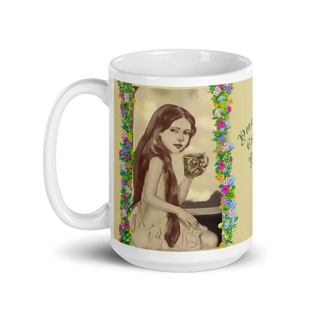 Beautiful Premium white ceramic mug features a vintage sepia-toned woman with flowing hair, holding an ornate decorative mug, framed by colorful floral garlands. With the empowering message "You are Enough Exactly as You are" -15 - oz left view
