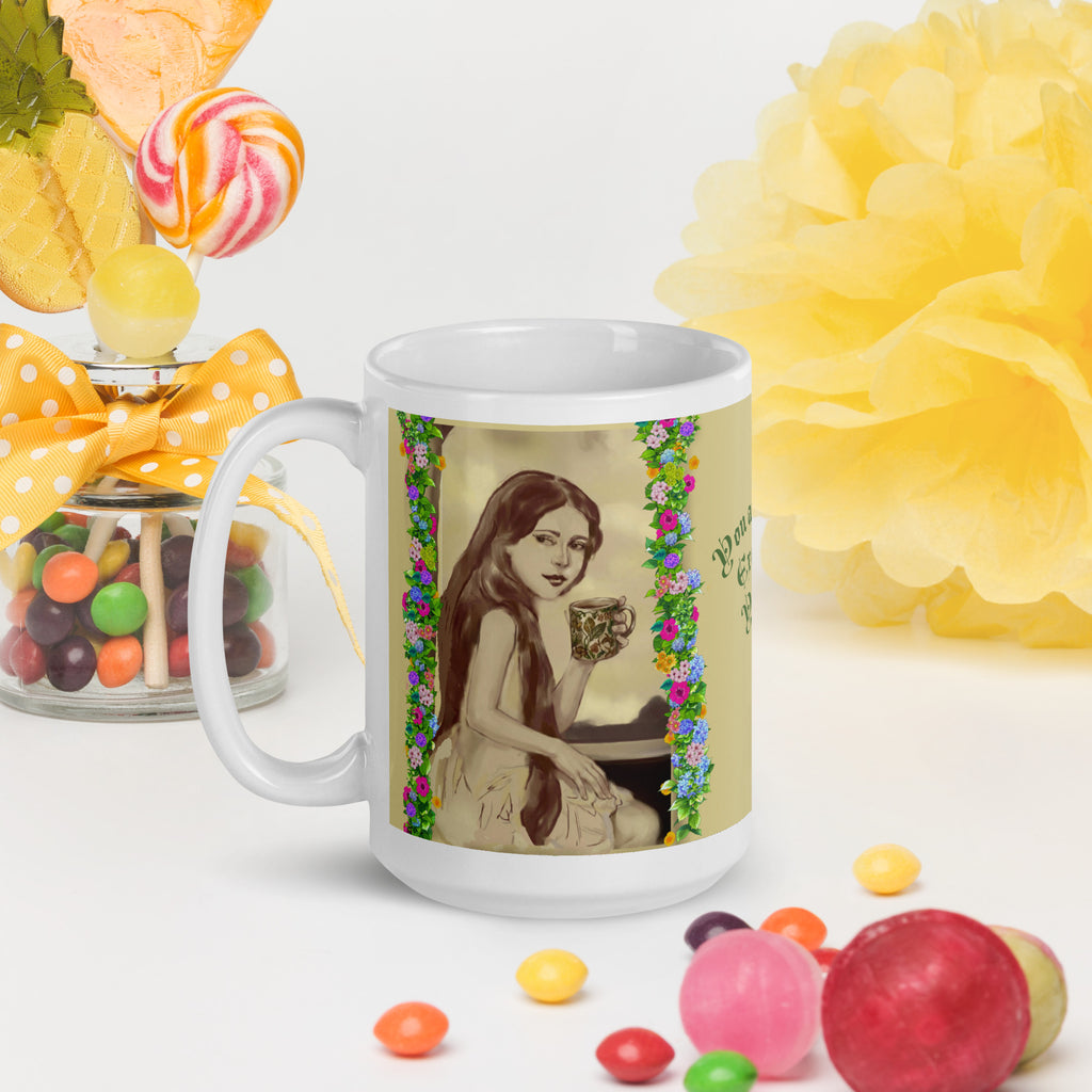 Beautiful Premium white ceramic mug features a vintage sepia-toned woman with flowing hair, holding an ornate decorative mug, framed by colorful floral garlands. With the empowering message "You are Enough Exactly as You are" -15 - oz left view