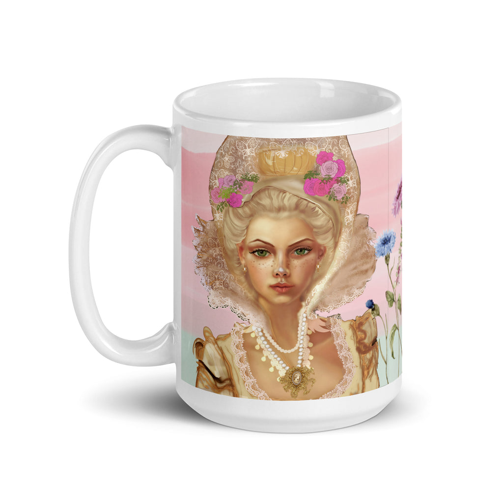Stunning Premium white ceramic mug features the iconic French queen Marie Antoinette with her elaborate updo hairstyle, ornate golden crown adorned with pink flowers, magnificent white lace Elizabethan collar, and pearl necklaces. Surrounded by her beloved cornflowers (bleuets) and a delicate purple butterfly - 15 - oz  left view
