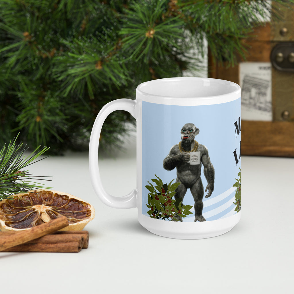 Premium white ceramic mug  features a muscular orc living his best Mug Life! With his gold chain bling, plants, and a confident stance, this green-skinned coffee lover knows what's up. The text reads "I didn't choose the Mug Life... The Mug Life Chose Me 15 oz left view