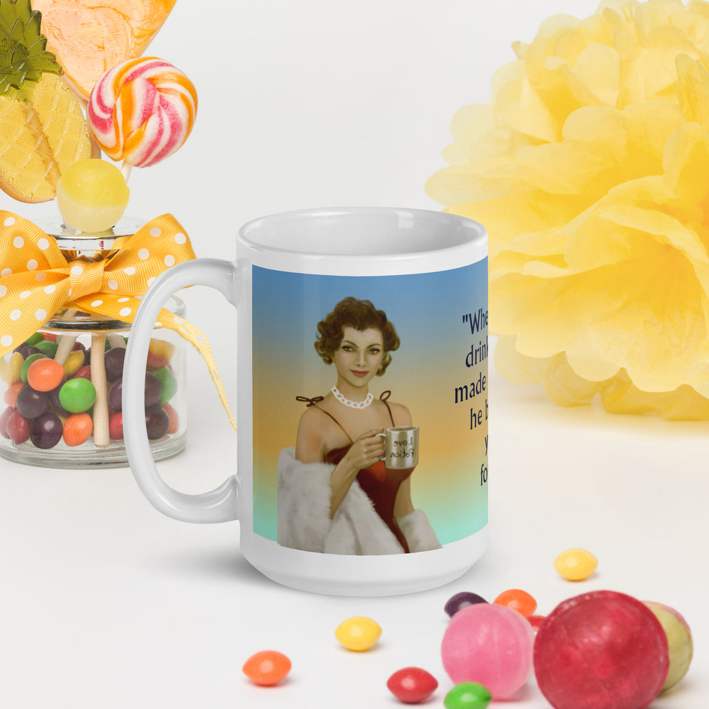 Charming Premium white ceramic mug features Sophia, a stunning 1950s vintage woman with elegant style, silver necklace, and red dress, holding a mug that says "Love Potion." With the romantic message "When a man drinks coffee made by you.... he becomes yours forever,  15 - oz - left view