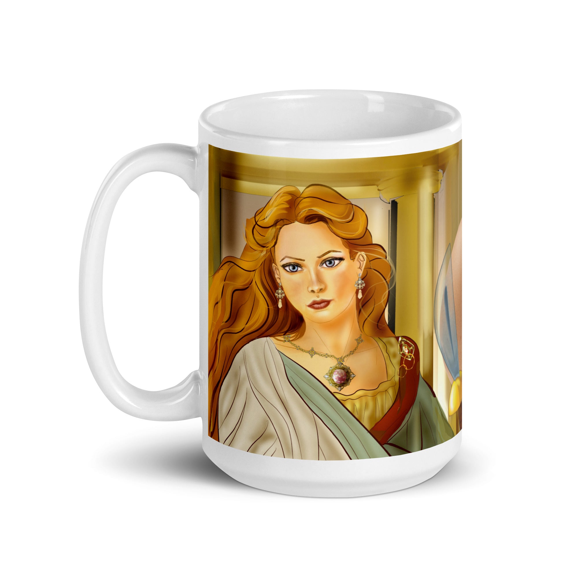 Premium white ceramic mug features Helen of Troy, the legendary beauty that launched 1000 ships that lead to the Trojan war. With her flowing golden hair, striking green eyes, elegant white dress with green sash, and purple gemstone necklace 15 - oz - left view