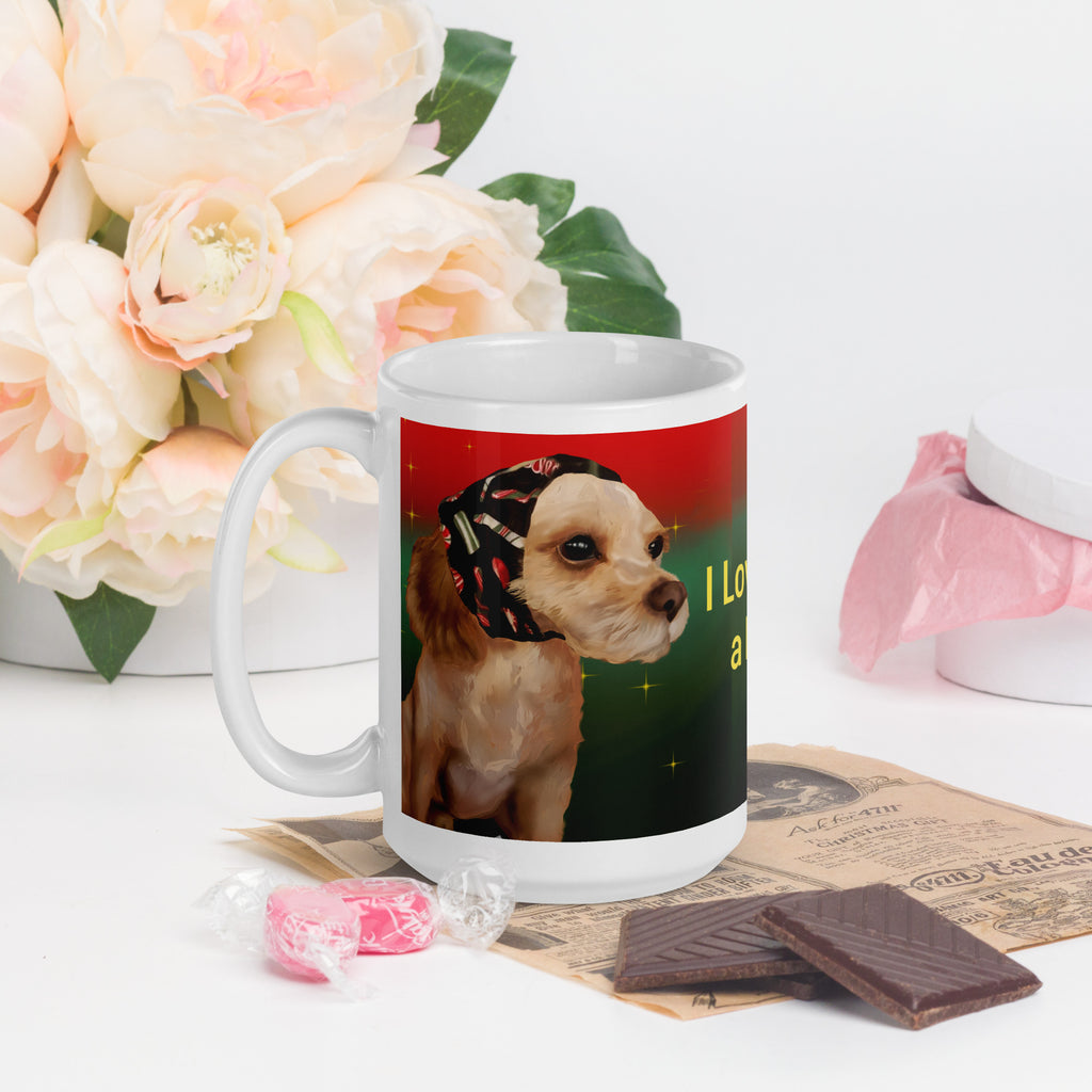 Adorable Premium white ceramic mug features the sweetest tan pup with big soulful brown eyes, wearing a festive black bandana decorated with Christmas motifs. Set against a beautiful red to green gradient background with sparkles - 15 - oz left view