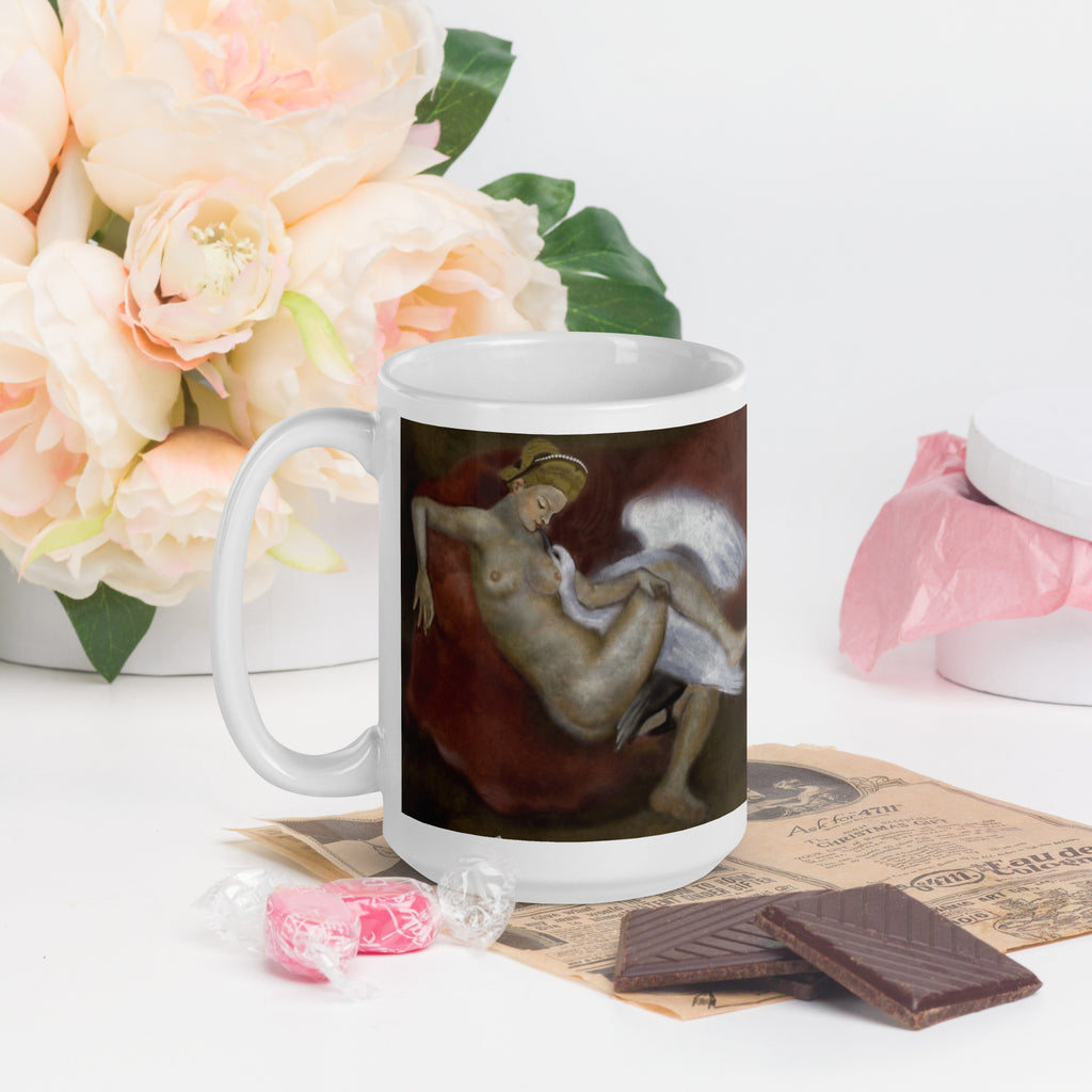 Stunning Premium white ceramic mug features a classical Renaissance-style painting of the mythological tale of Leda and the Swan. In Greek mythology, 15 - oz - right view