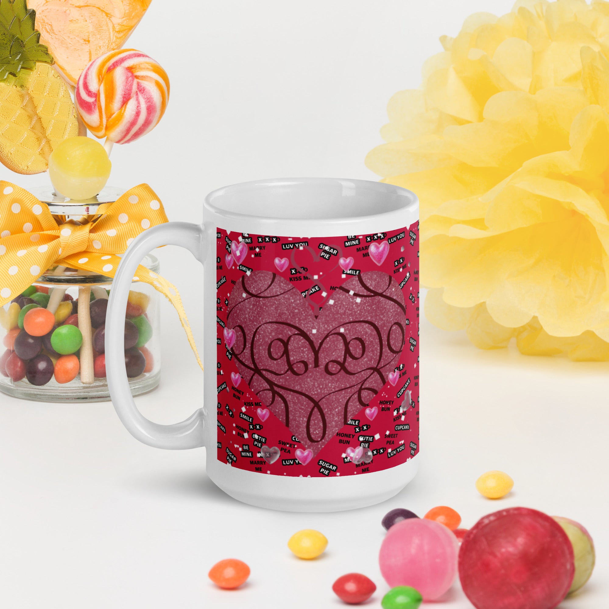 Premium white Sweet Talk Valentine Mug - Rich dark pink  background with a pink heart in the center and floating smaller pink hearts all around. The border has love messages 15- oz - left view