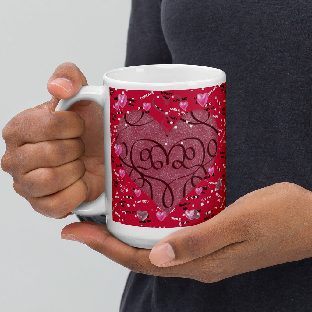Premium white Sweet Talk Valentine Mug - Rich dark pink  background with a pink heart in the center and floating smaller pink hearts all around. The border has love messages 15- oz - left view