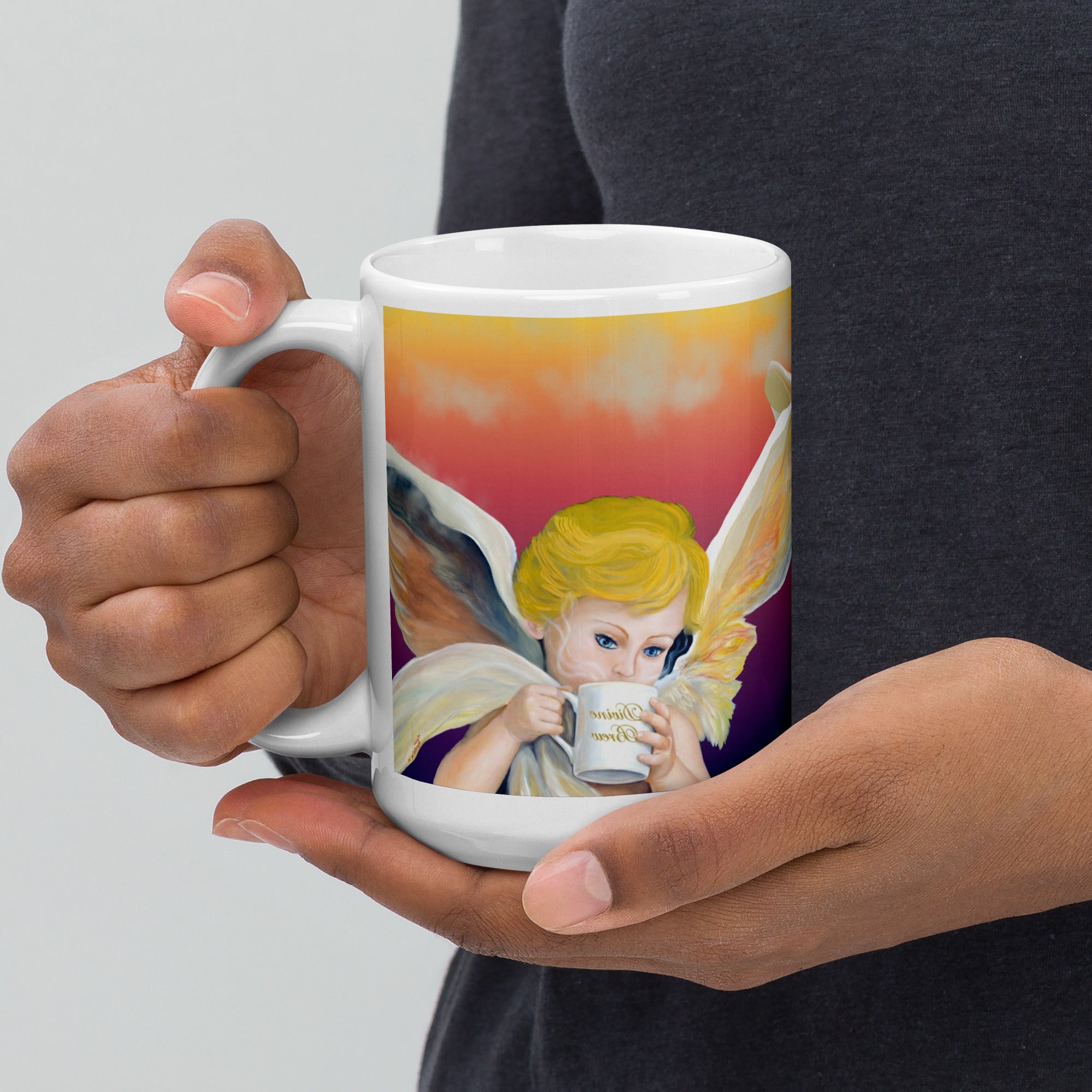 Beautiful Divine Brew Amorino angel premium ceramic mug with original oil painting! Classical Renaissance cherub with coffee - 15- oz left view