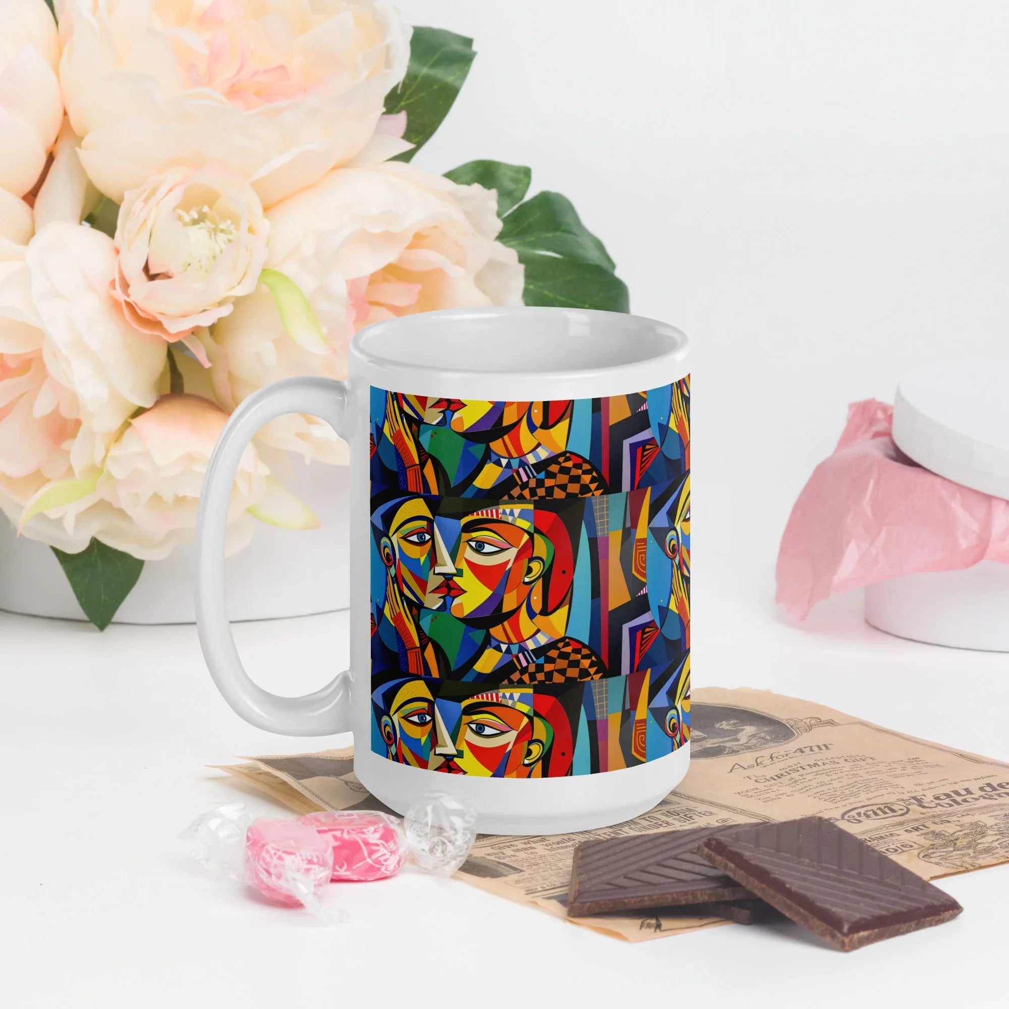 White ceramic mug with colorful abstract face design, placed near flowers, chocolate, and candy.