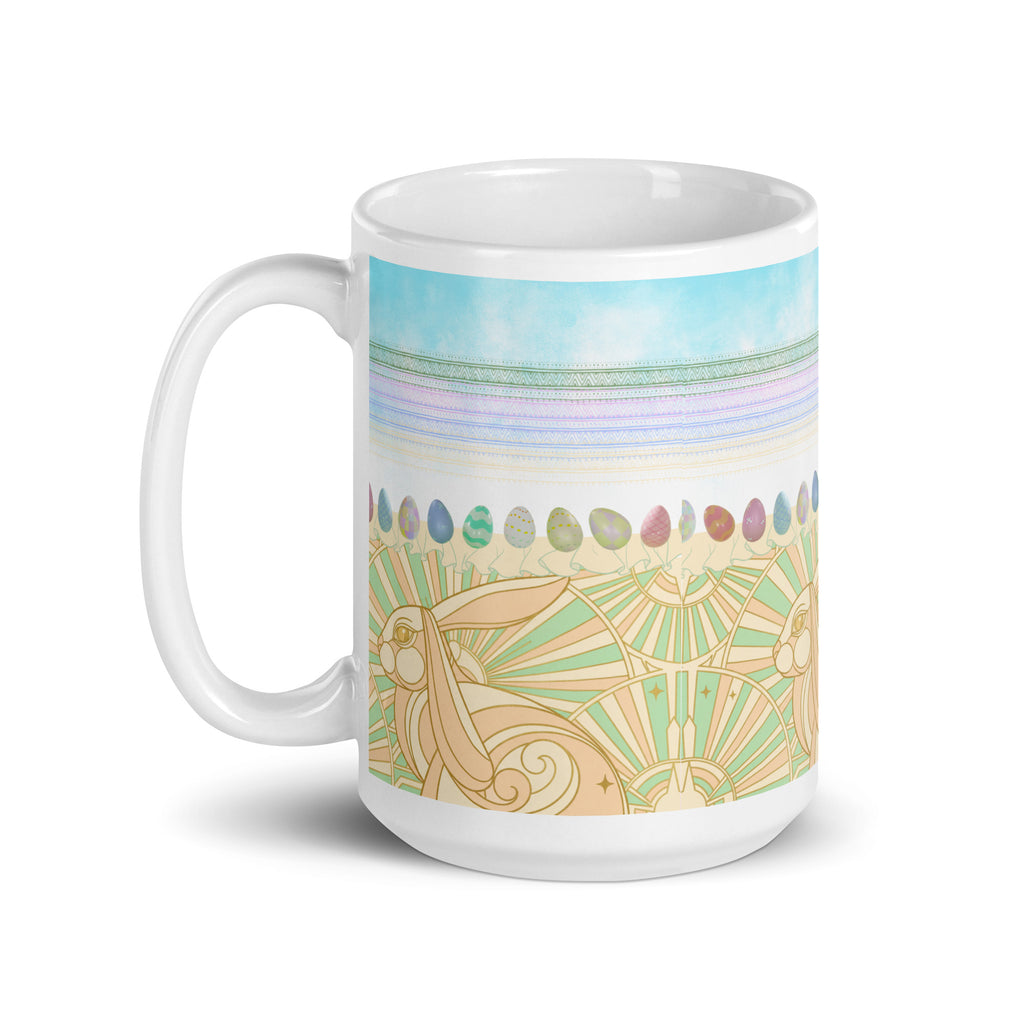 Premium white ceramic - Art Deco Easter bunny mug - Art Deco golden bunny with geometric sunburst pattern
Row of watercolor Easter eggs in pastel pink, blue, green, and lavender
Perfect blend of vintage Art Deco and spring Easter themes - 15 oz left view