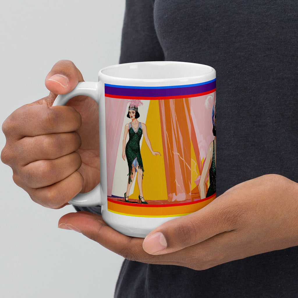 Premium white ceramic -1920's Flapper Mug -Ornate feathered headpiece and classic 1920s bob hairstyle -Bold Art Deco geometric background in warm oranges, yellows, and pinks
15 oz left view