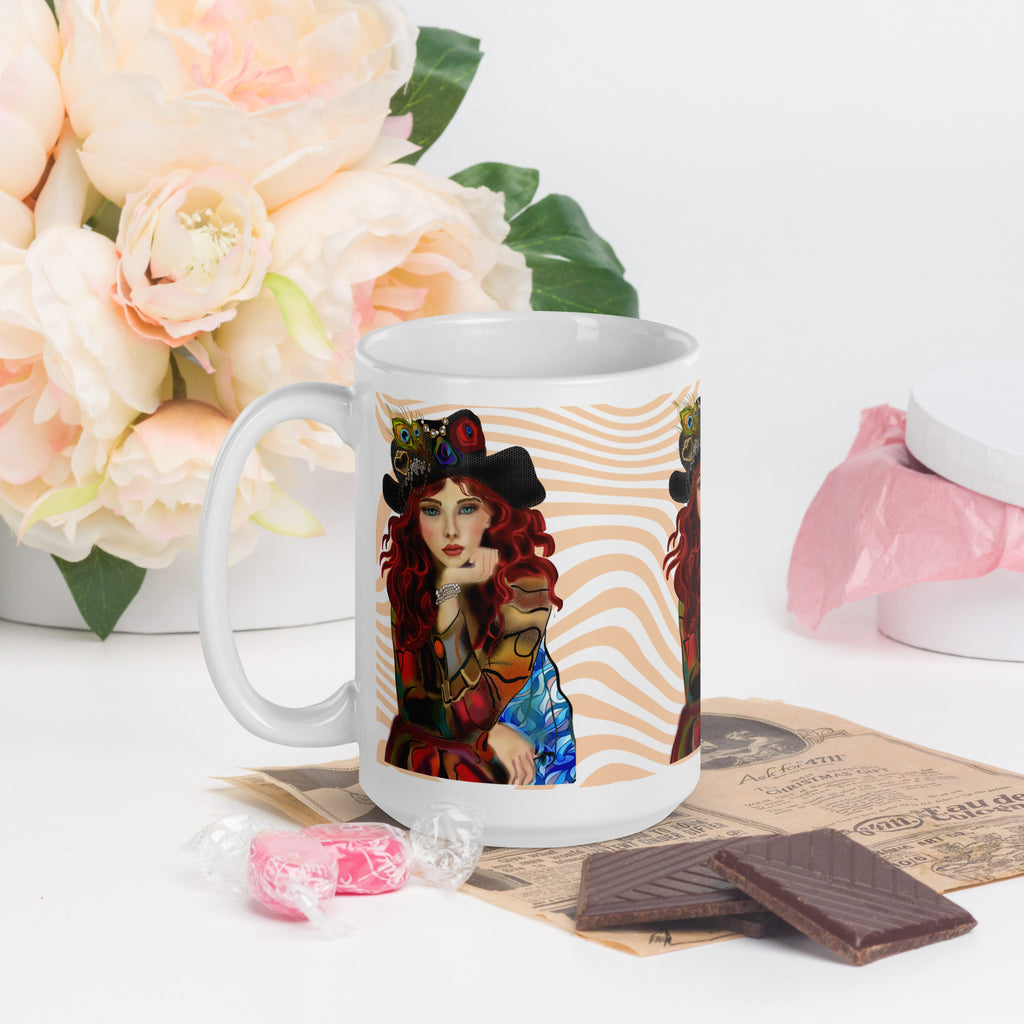 Premium White Ceramic -Steampunk Peacock Woman Mug - Whimsical Patchwork White Ceramic Mug-15-oz-left
