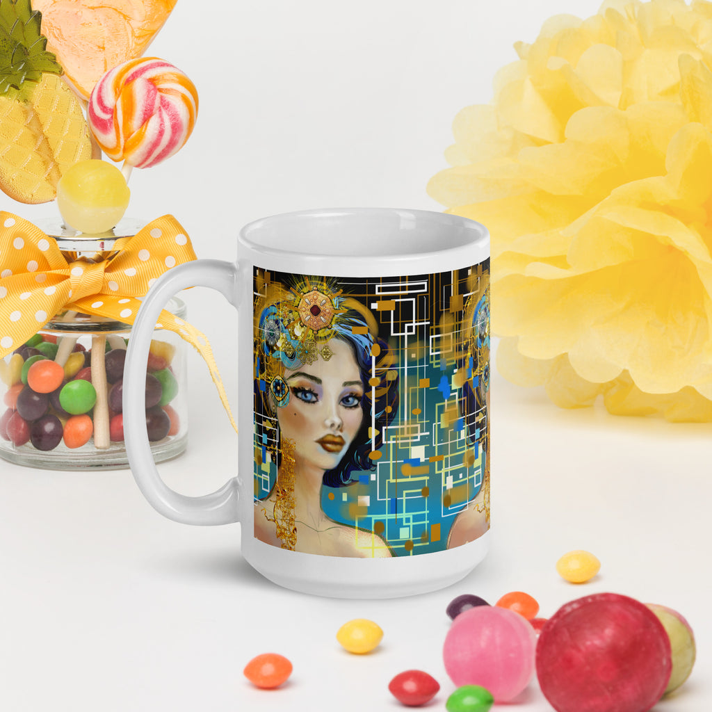 Steampunk Clockwork Woman Mug - Art Deco Futuristic White Ceramic Mug-15 -oz-left