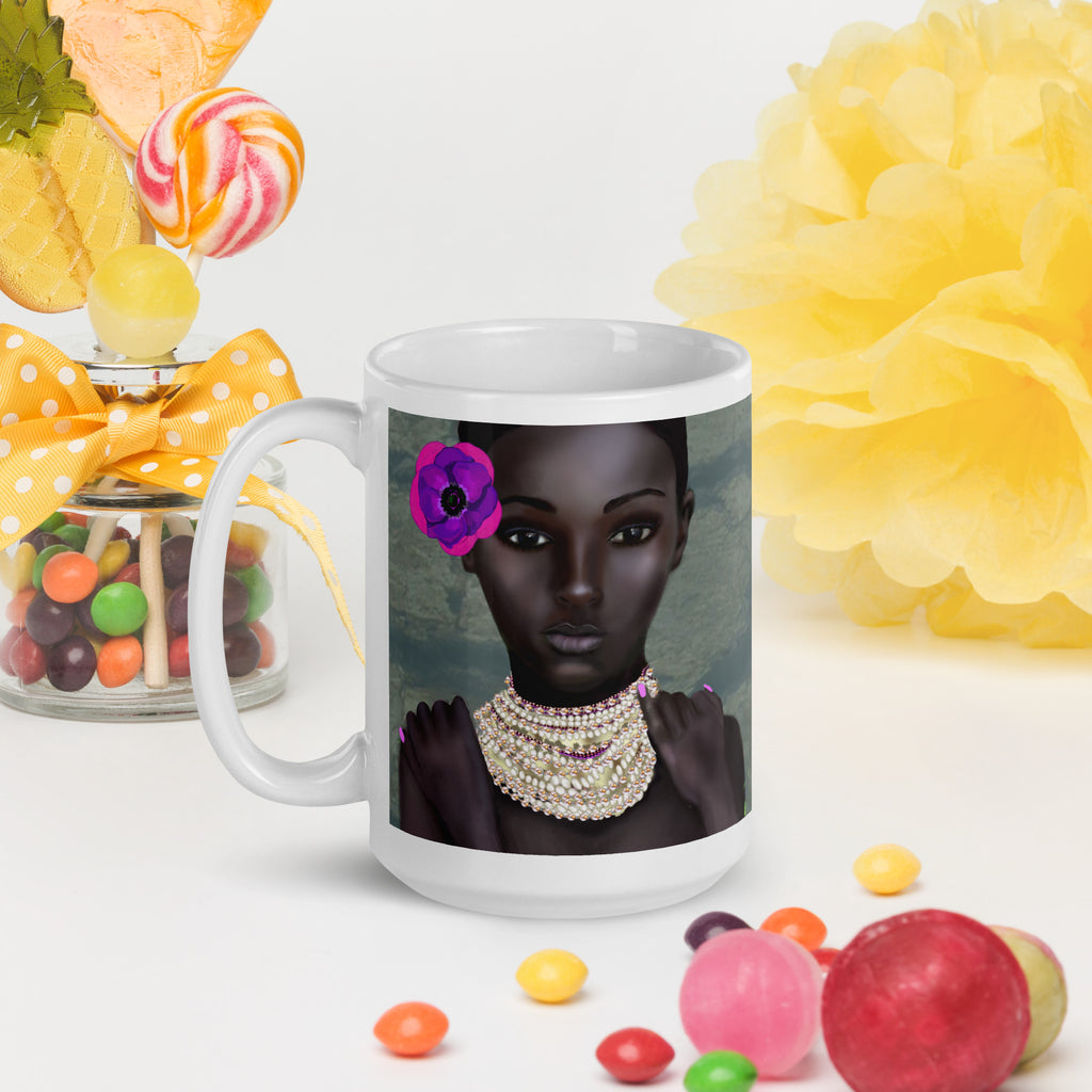 Black History Month - Premium white ceramic mug featuring portrait of Black woman with purple flower, pearls and pink nails 15-oz left view
