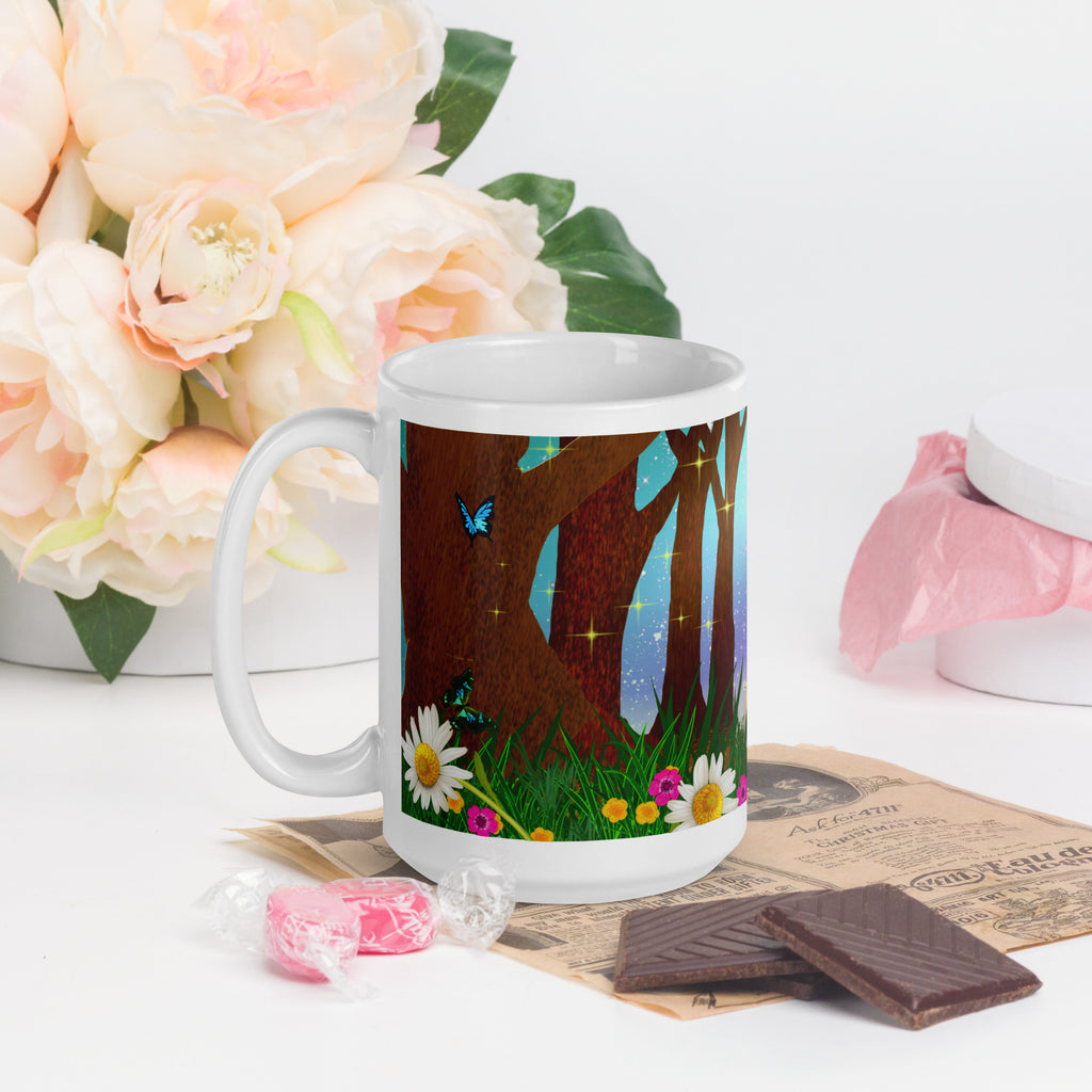 Magical Forest Bunny Mug - Enchanted Easter Bunny with Flower Crown sitting in the grass surrounded  magical trees. flowers and delicate butterflies -15-oz-left view