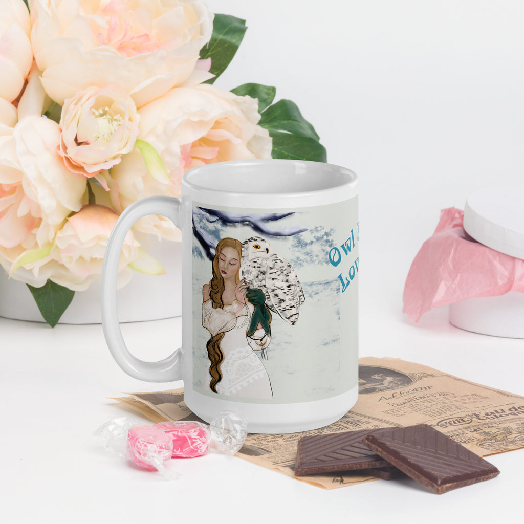 Enchanting Premium white ceramic mug features a beautiful woman with a majestic snowy owl in a magical winter wonderland. With the heartwarming message "Owl Always Love You," this design celebrates love, nature, and the magic of winter - 15- oz left view