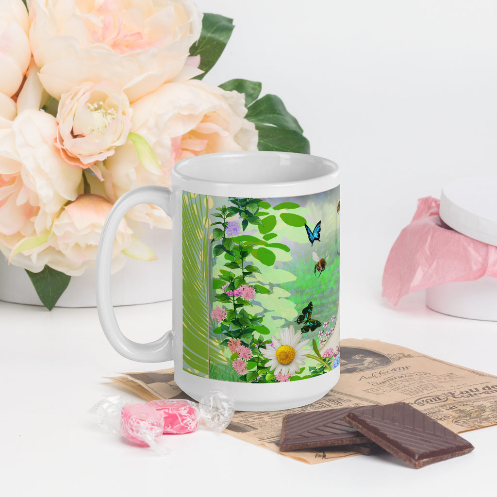 Premium white ceramic- Floppy Eared Easter Bunny Mug- Forest setting adorable floppy eared bunny surrounded by flowers ,butterflies and a few bees. 15 oz - left view