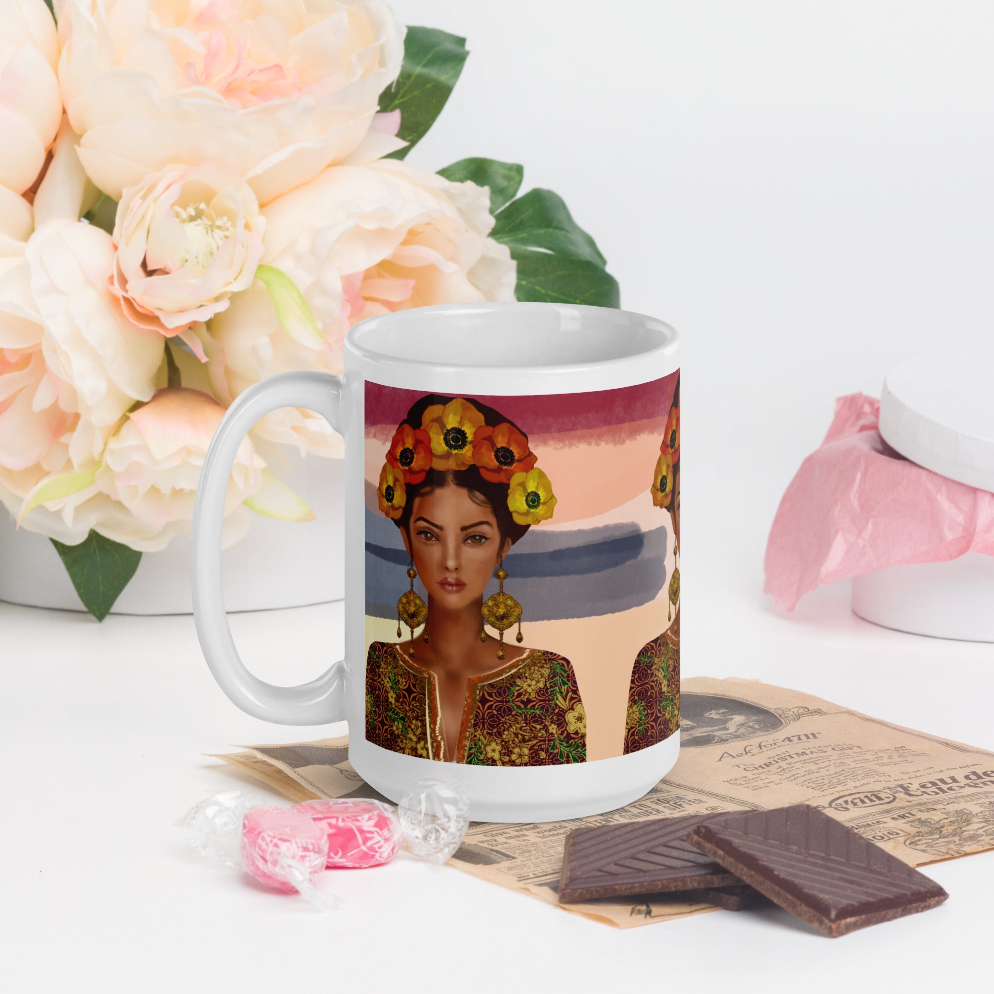 Premium white ceramic -Frida Kahlo Inspired Floral Crown Mug - Artistic Ceramic Coffee Mug- white-15-oz-left
