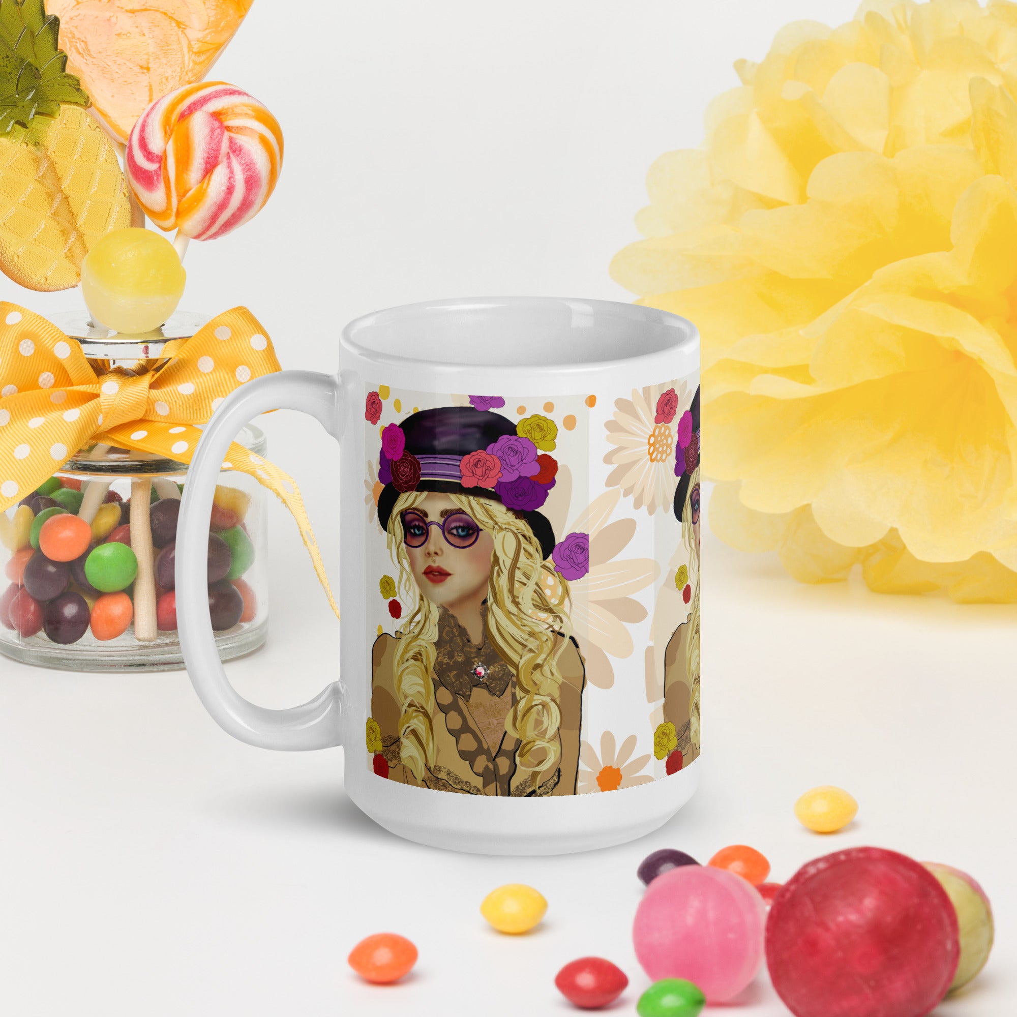 Premium White Ceramic -Bohemian Chic Flower Hat Mug - Stylish Woman White Ceramic Mug-15-oz-left